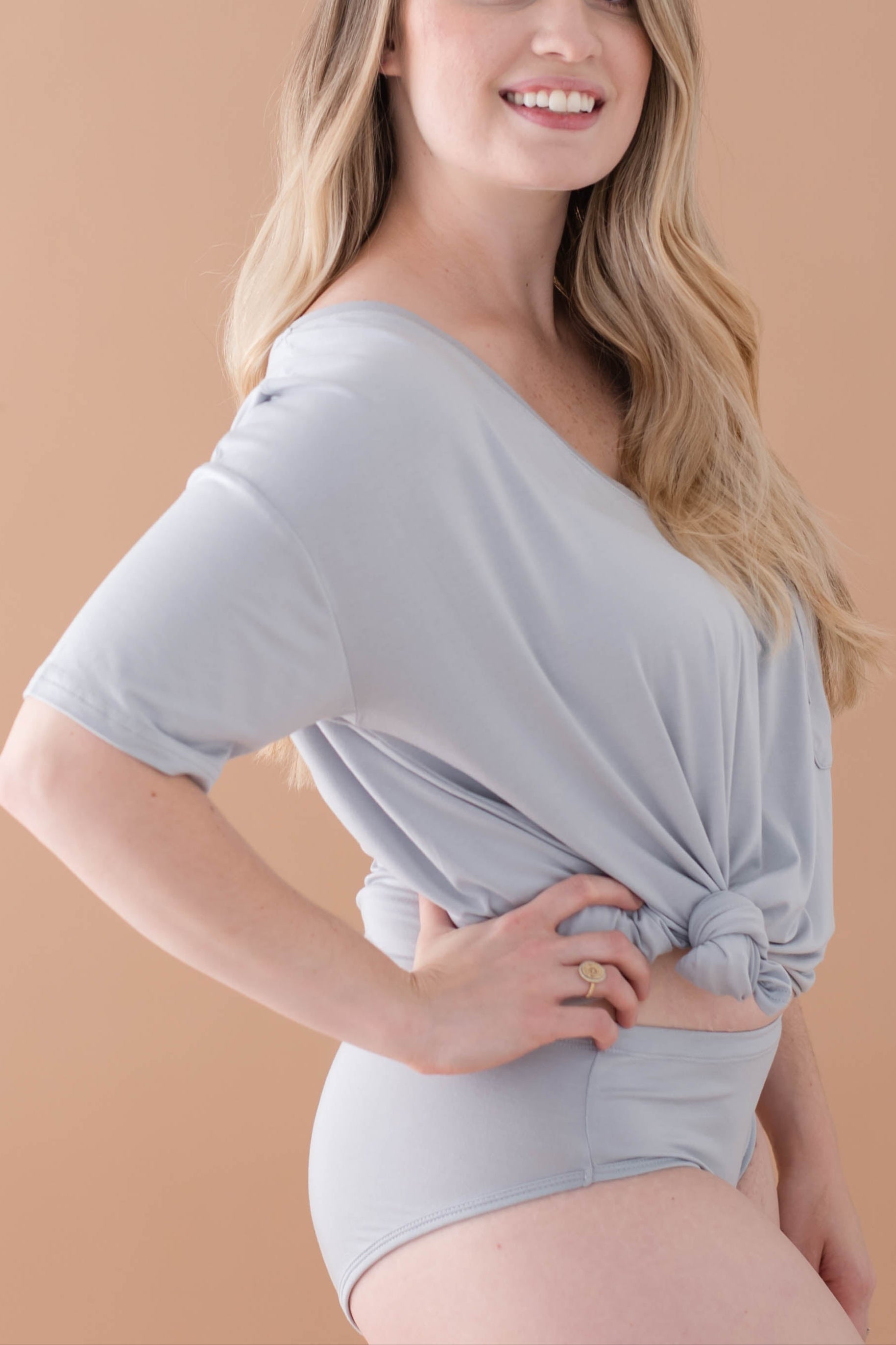 Female posing wearing the Women’s Underwear in Storm with matching shirt