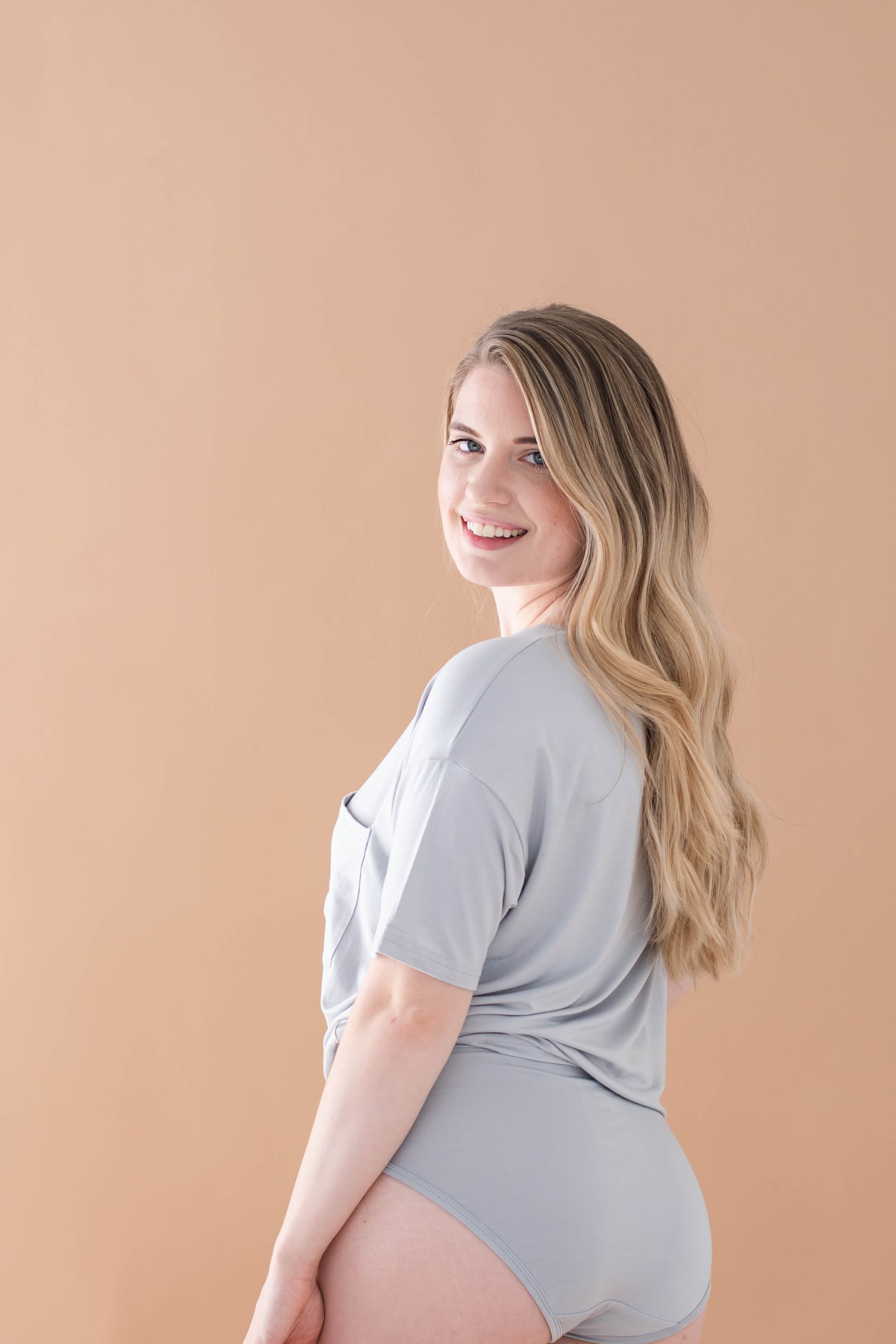 Female posing wearing the Women’s Underwear in Storm with matching shirt