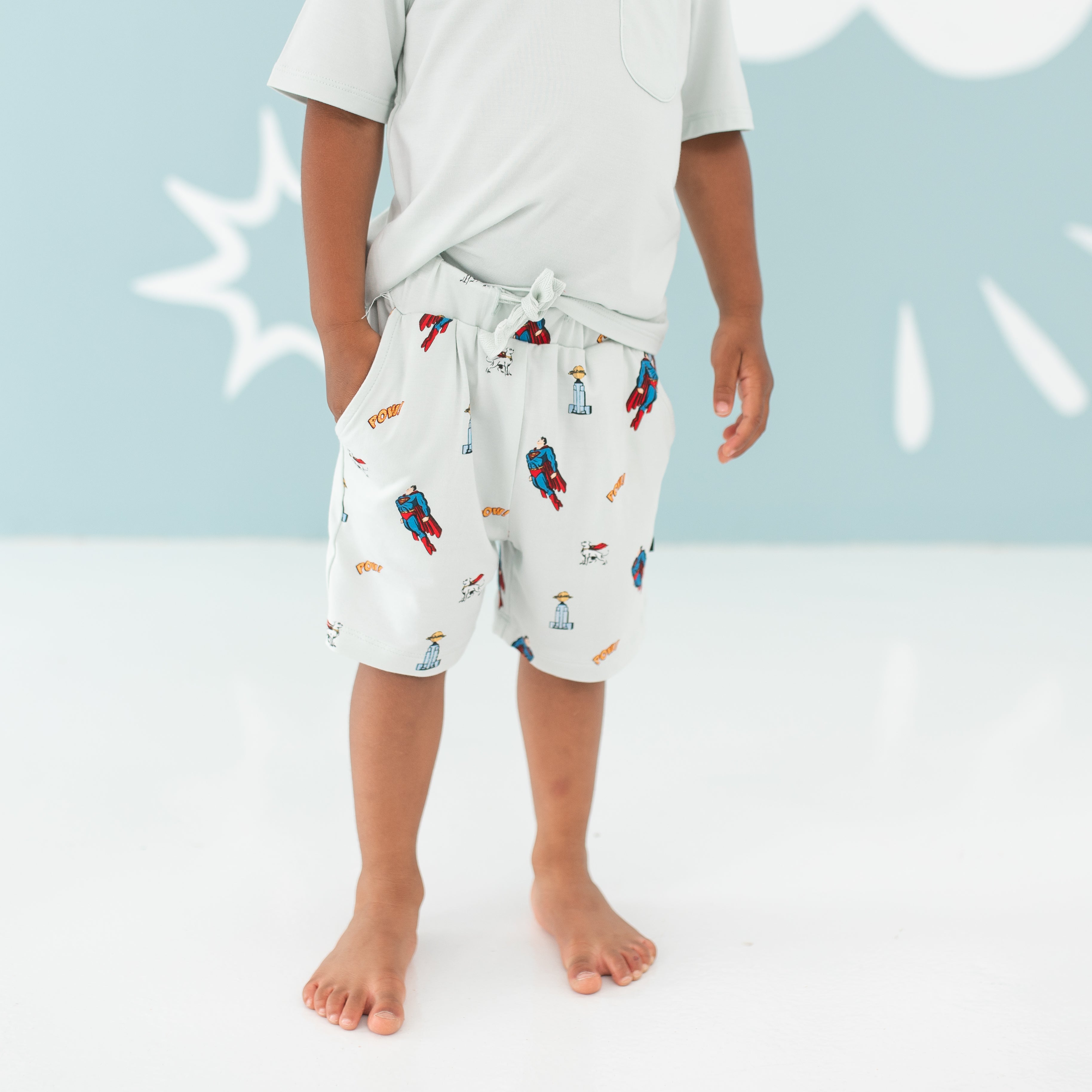 Close up of Drawstring Short in Superman™ paired with a Dew Toddler Crew Neck Tee