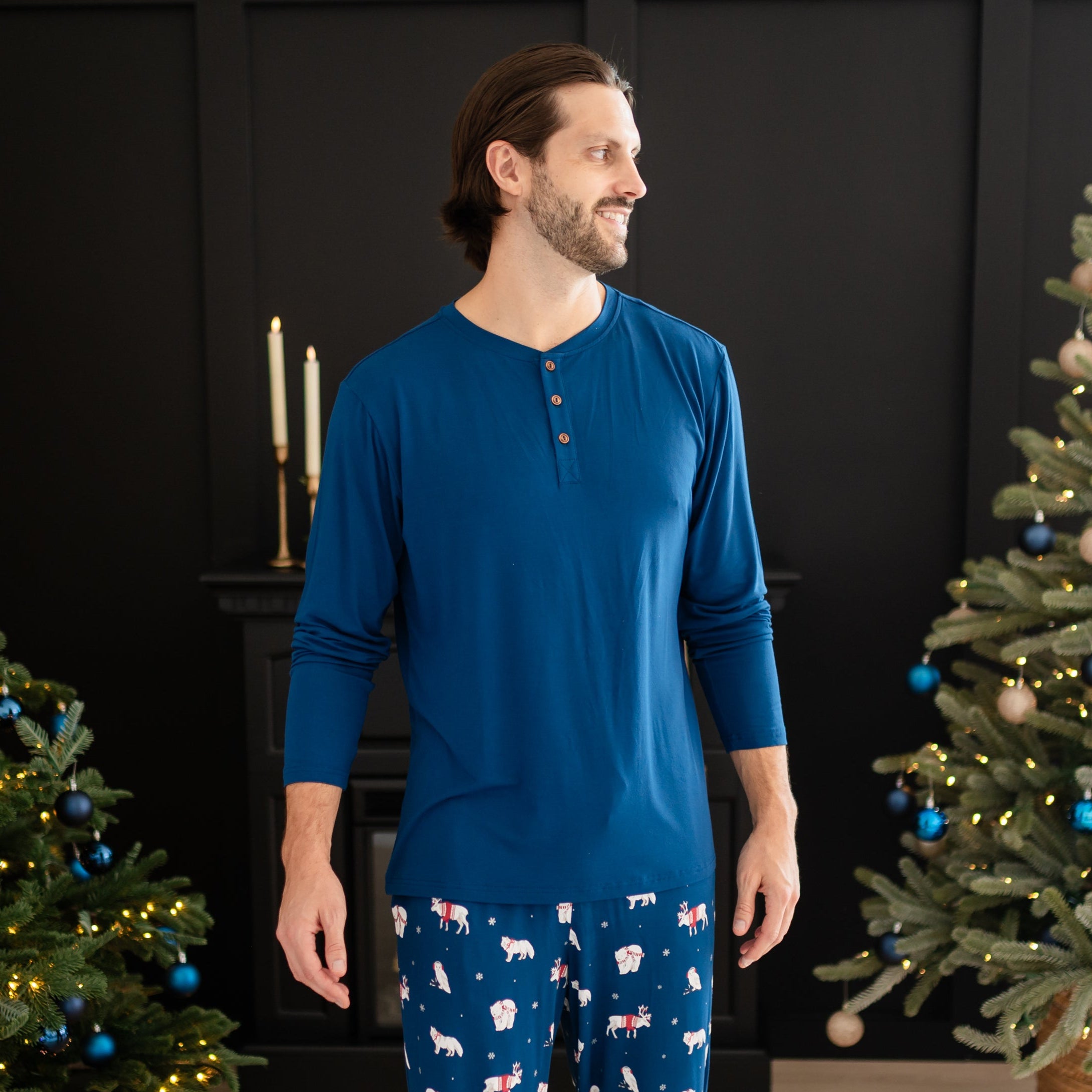 Close up of the Men's Long Sleeve Henley Top in Tahoe shown on a male model