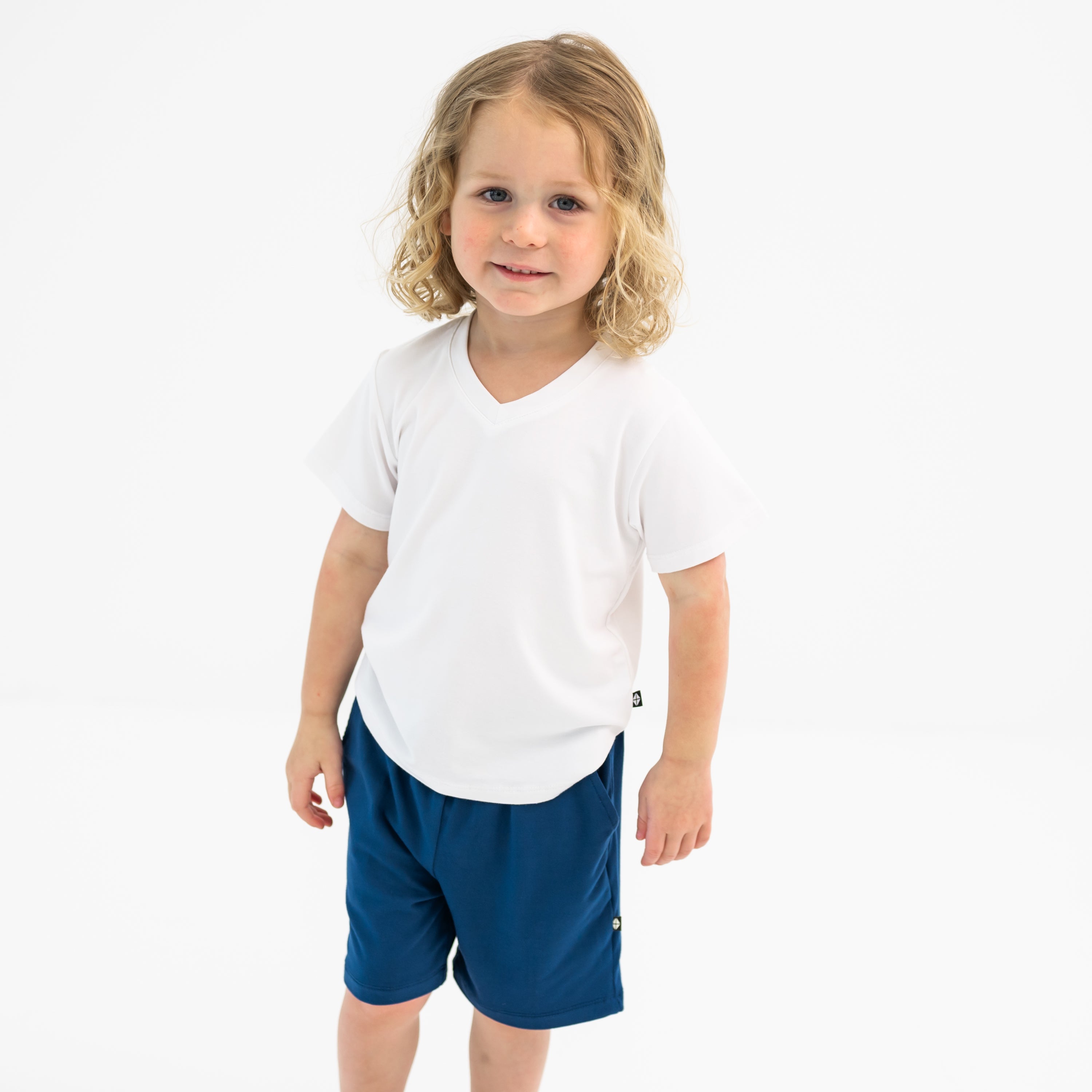 Toddler wearing Drawstring Short in Tahoe and Snow V-neck