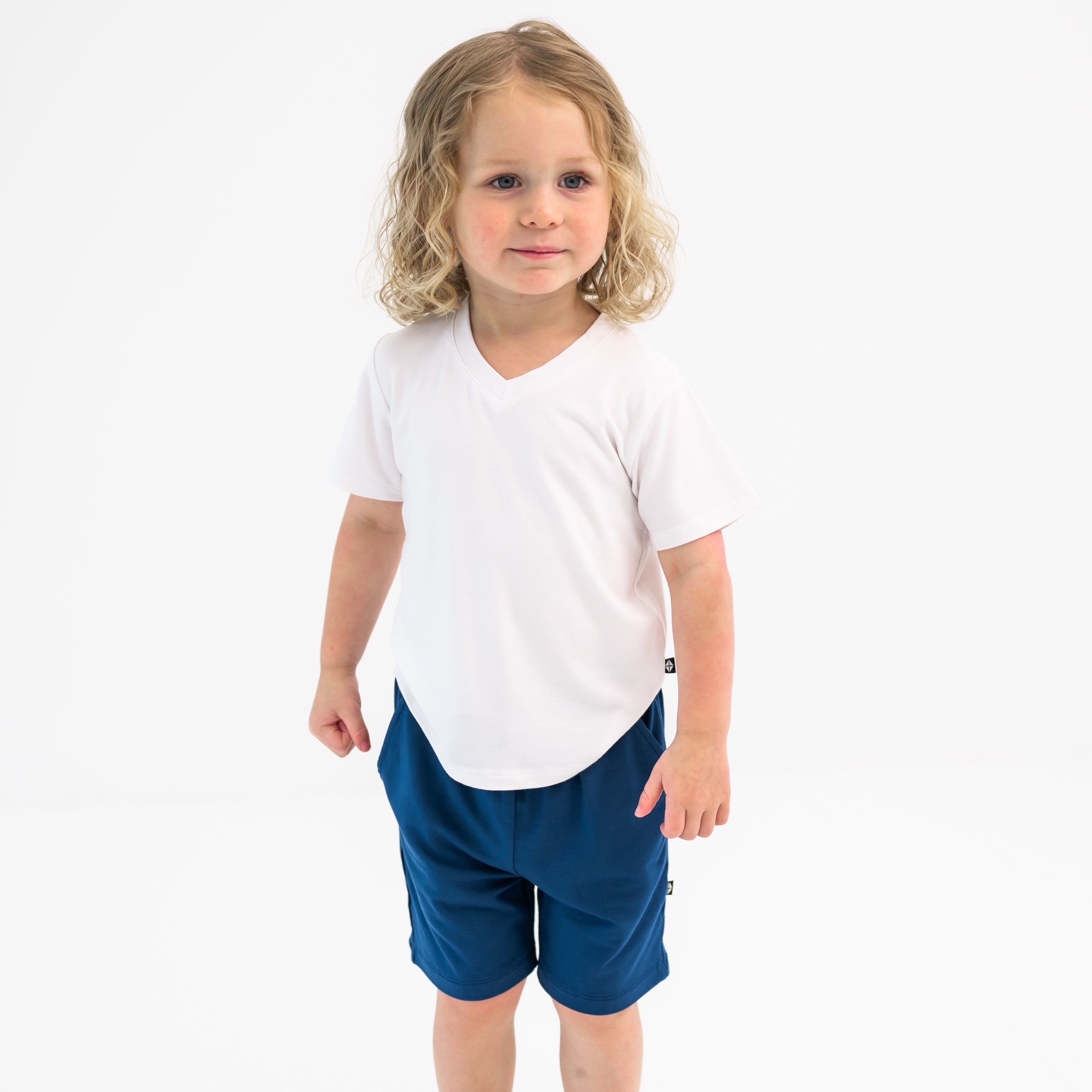 Toddler wearing Drawstring Short in Tahoe and Snow V-neck