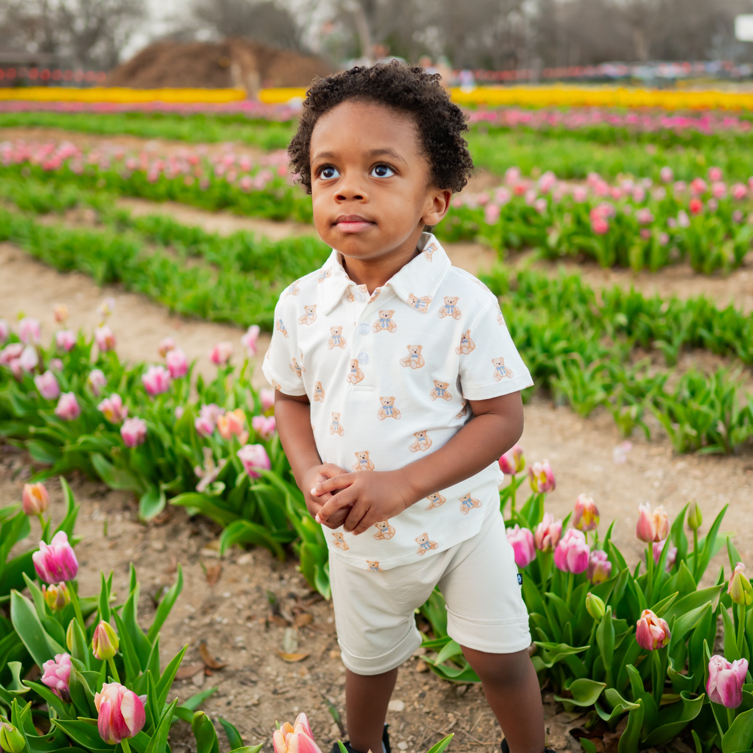 Boy wearing Toddler Short Sleeve Polo in Teddy Bear