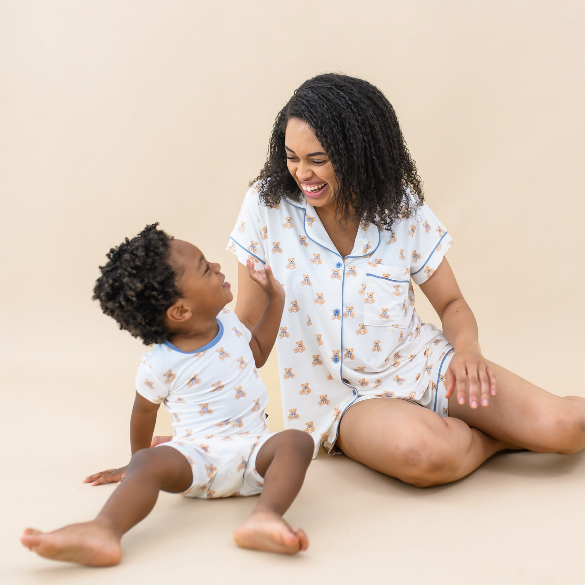 Mom model wearing Women’s Short Sleeve Pajama Set in Teddy Bear with son wearing Teddy Bear Short Sleeve Pajamas