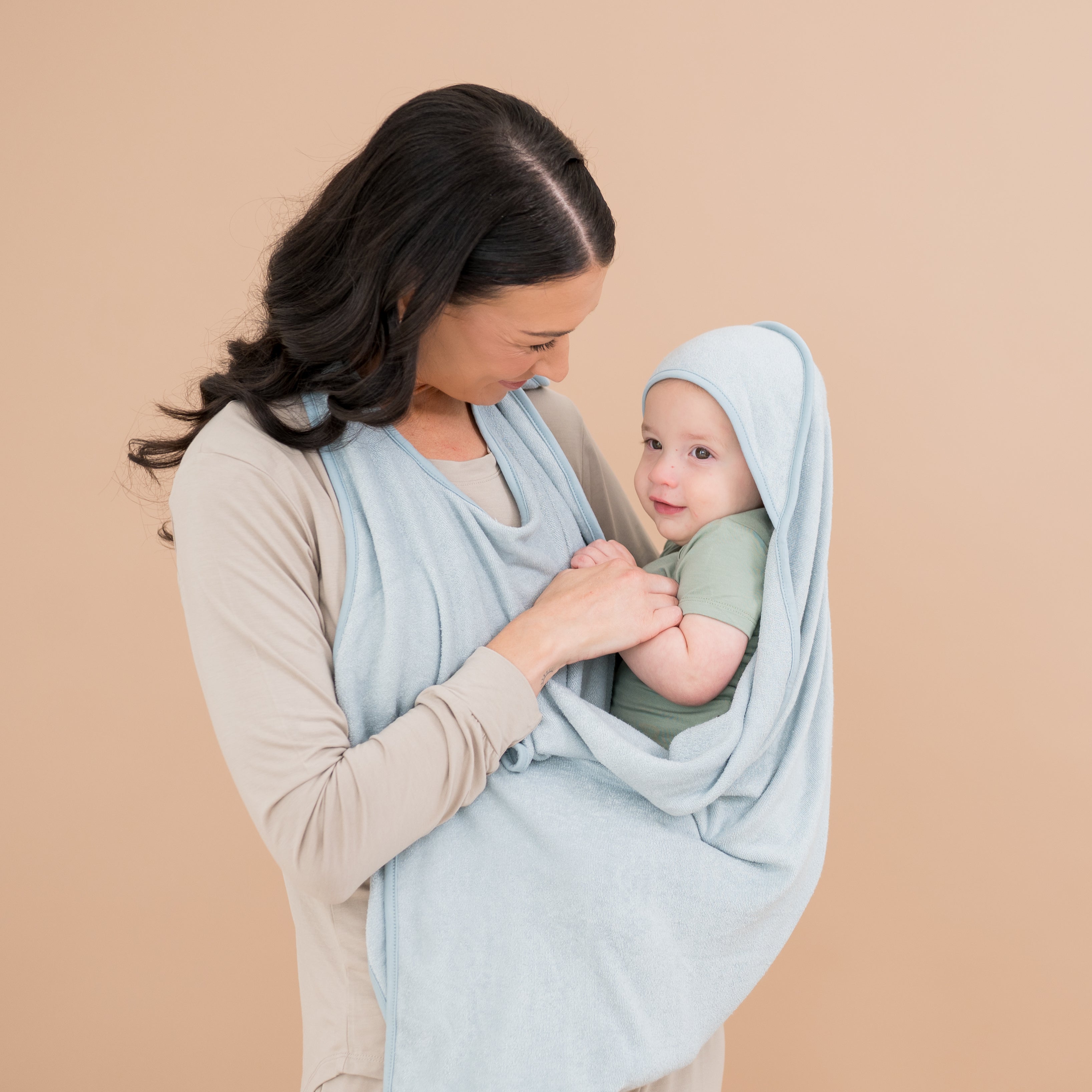 Mom and baby using Terry Apron Towel in Fog