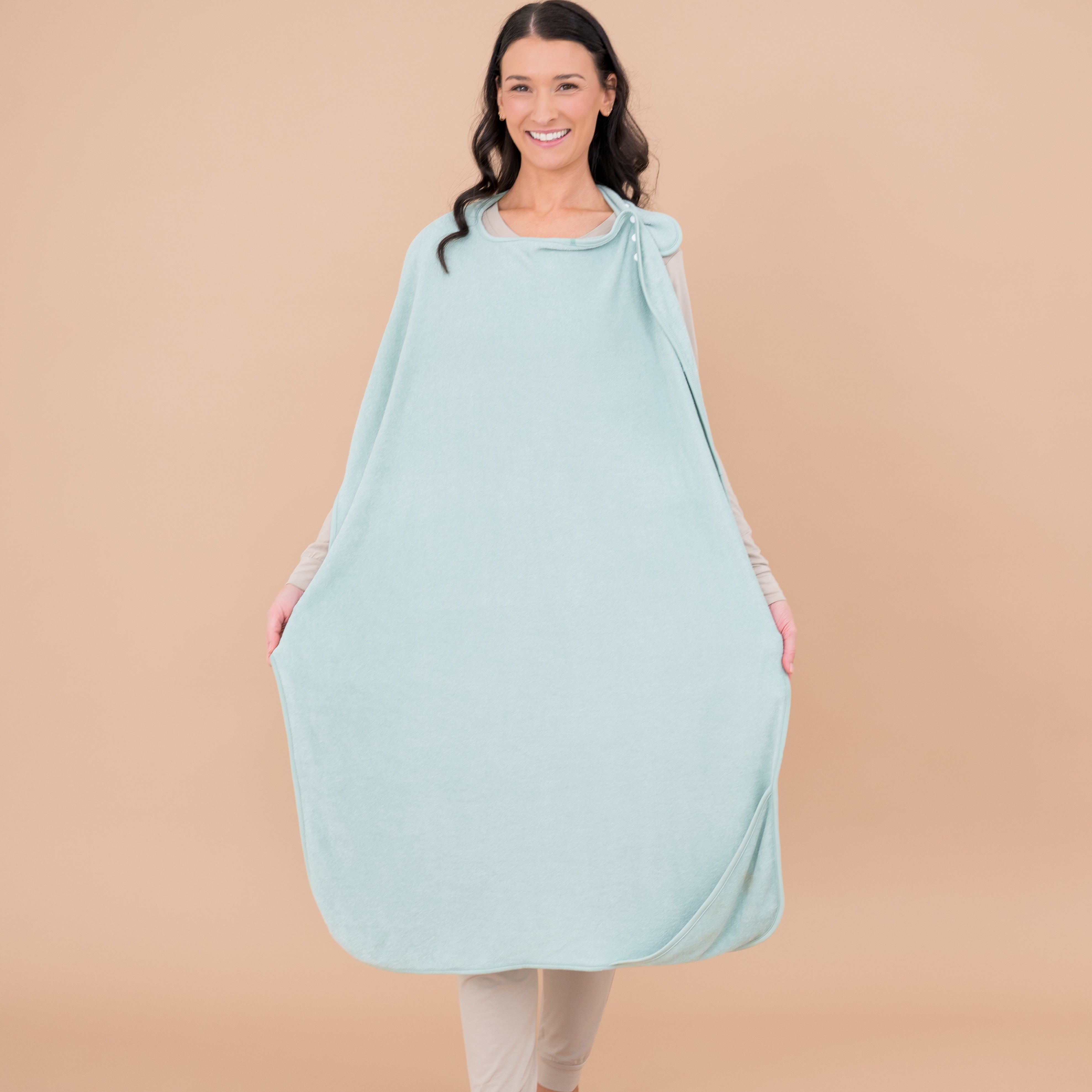 Mother wearing Sage Green Terry Apron Bath Towel