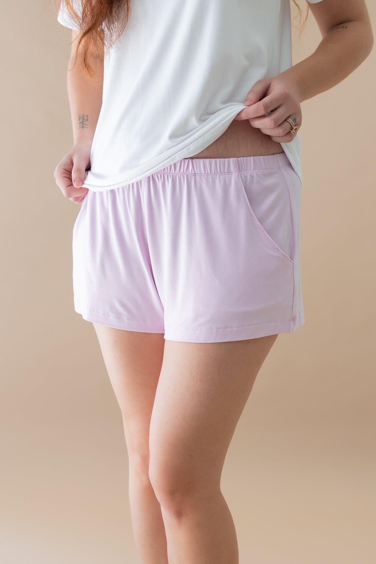 Women's Lounge Shorts in Thistle shown on a model