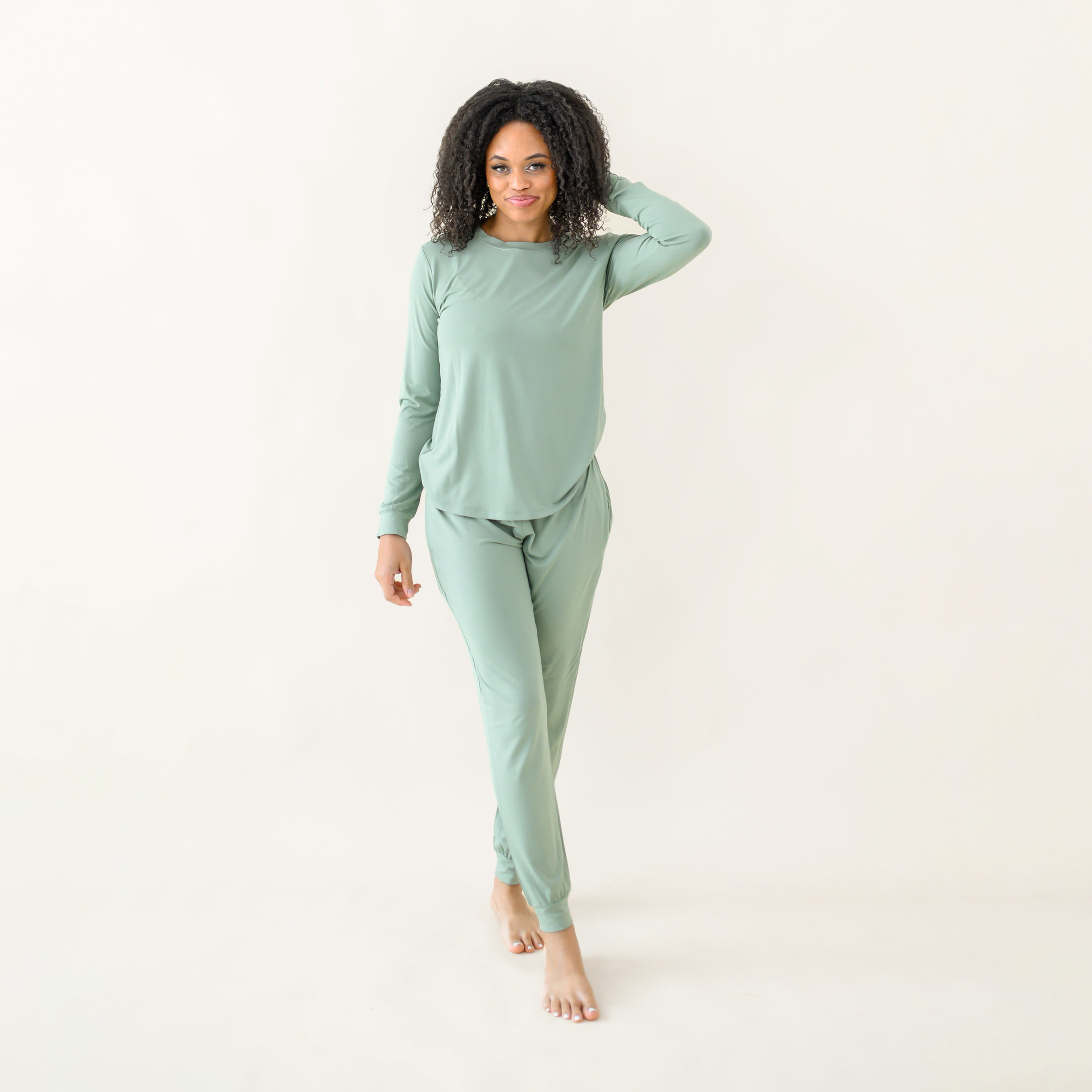 Woman modeling Women's Jogger Pajama Set in Thyme