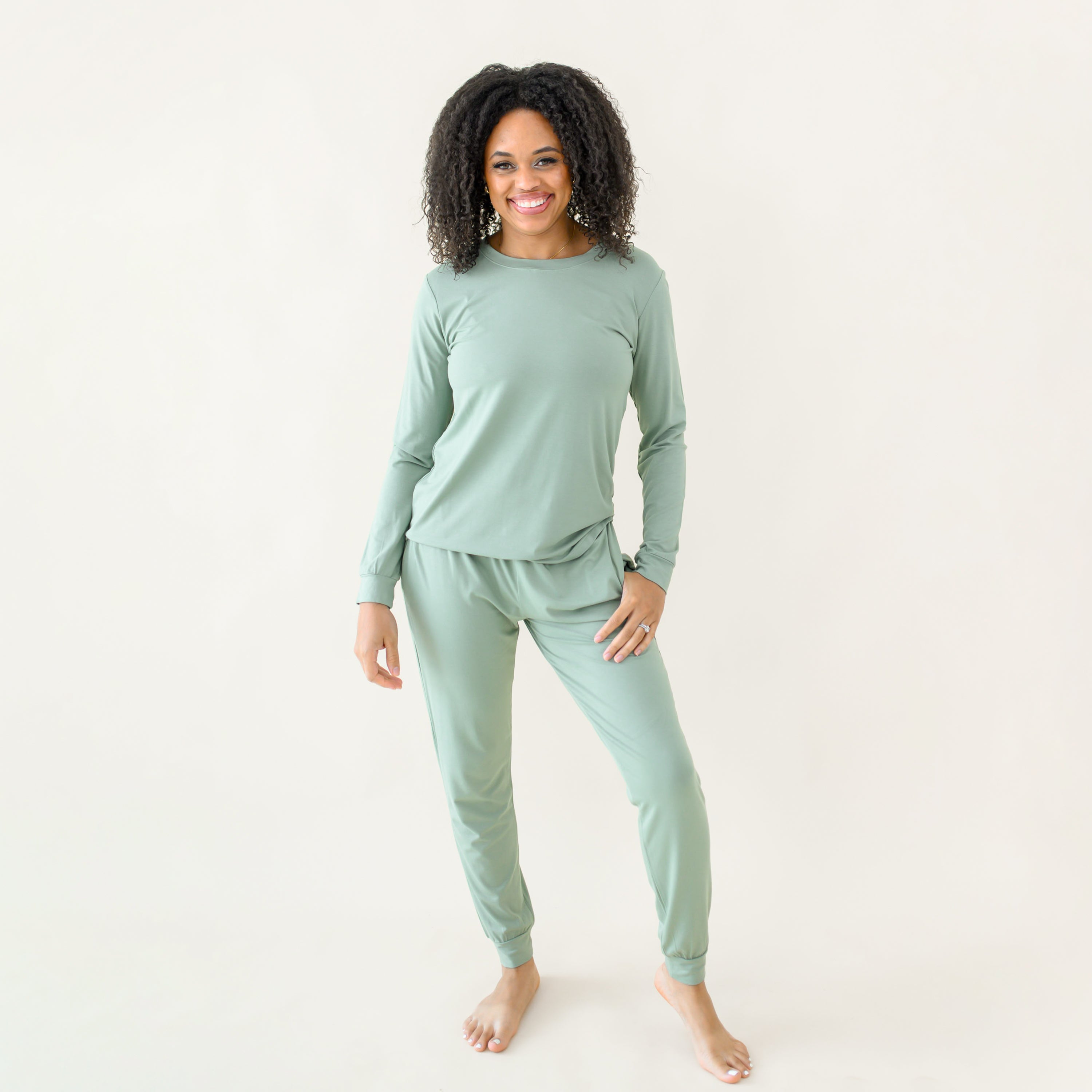 Woman modeling Women's Jogger Pajama Set in Thyme