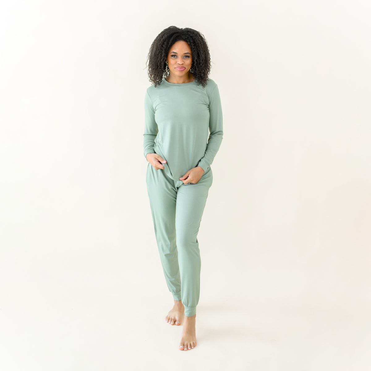 Woman modeling Women's Jogger Pajama Set in Thyme