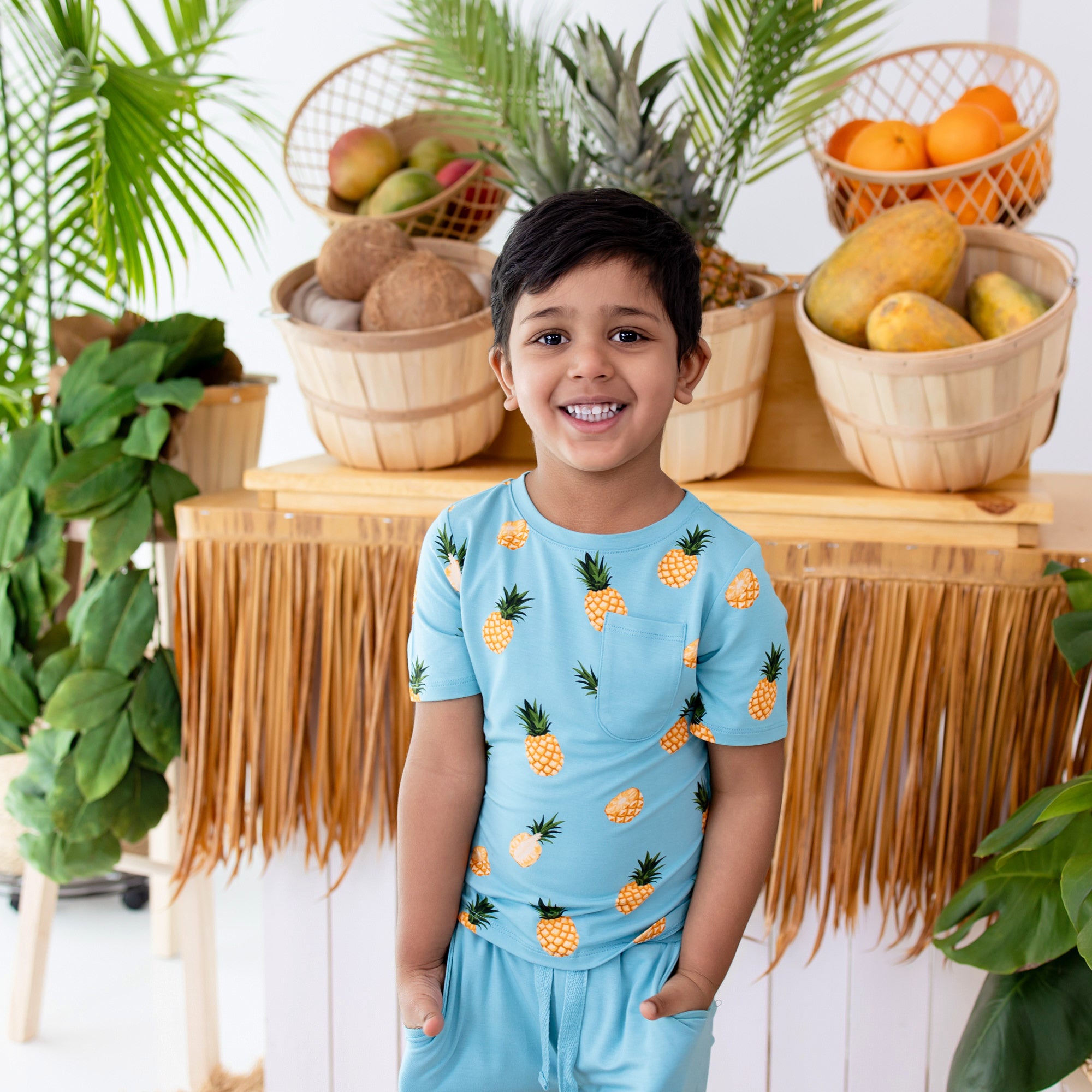 Toddler wearing Toddler Crew Neck Tee in Pineapple and Makai Drawstring Shorts