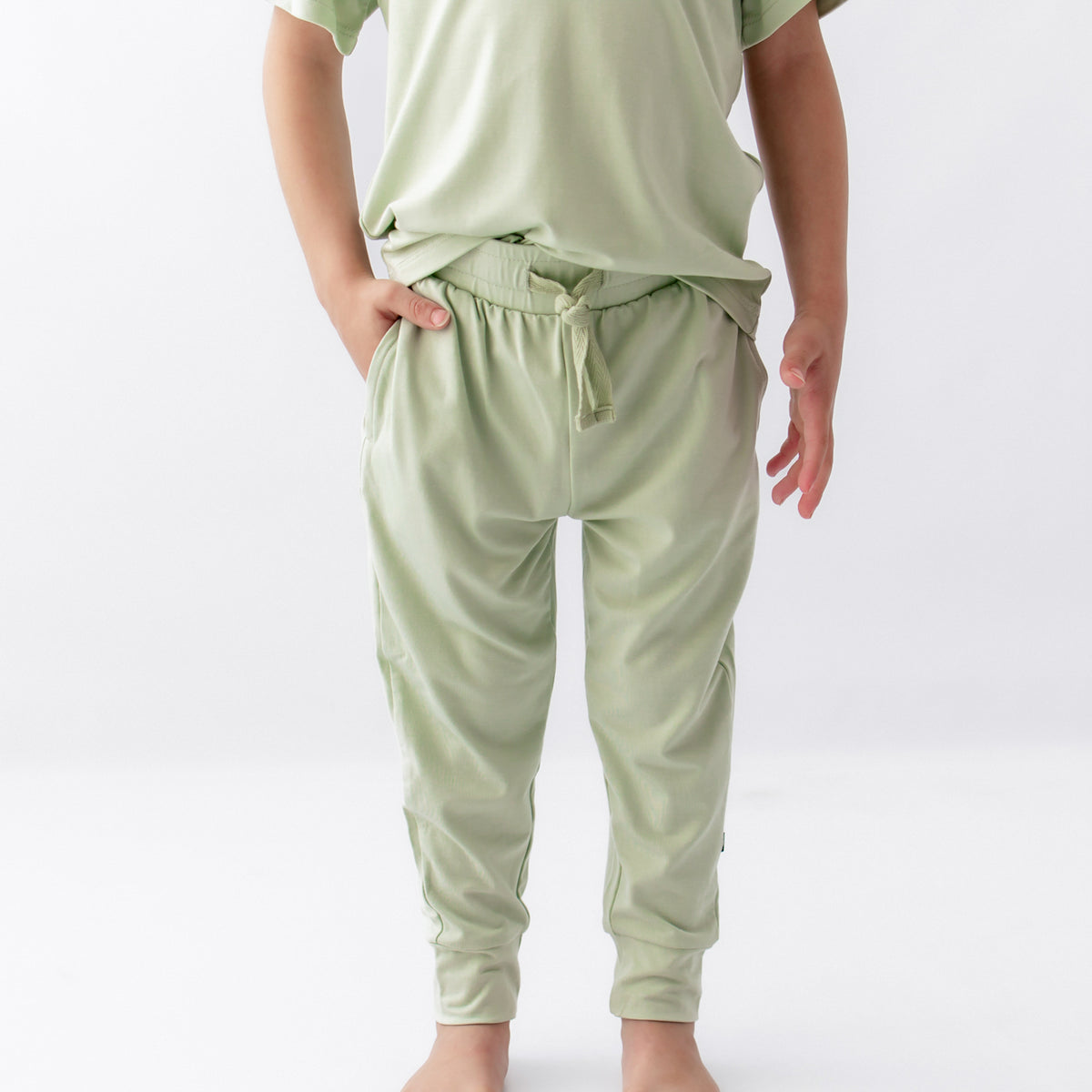 Toddler Jogger Pant in Basil shown on a model