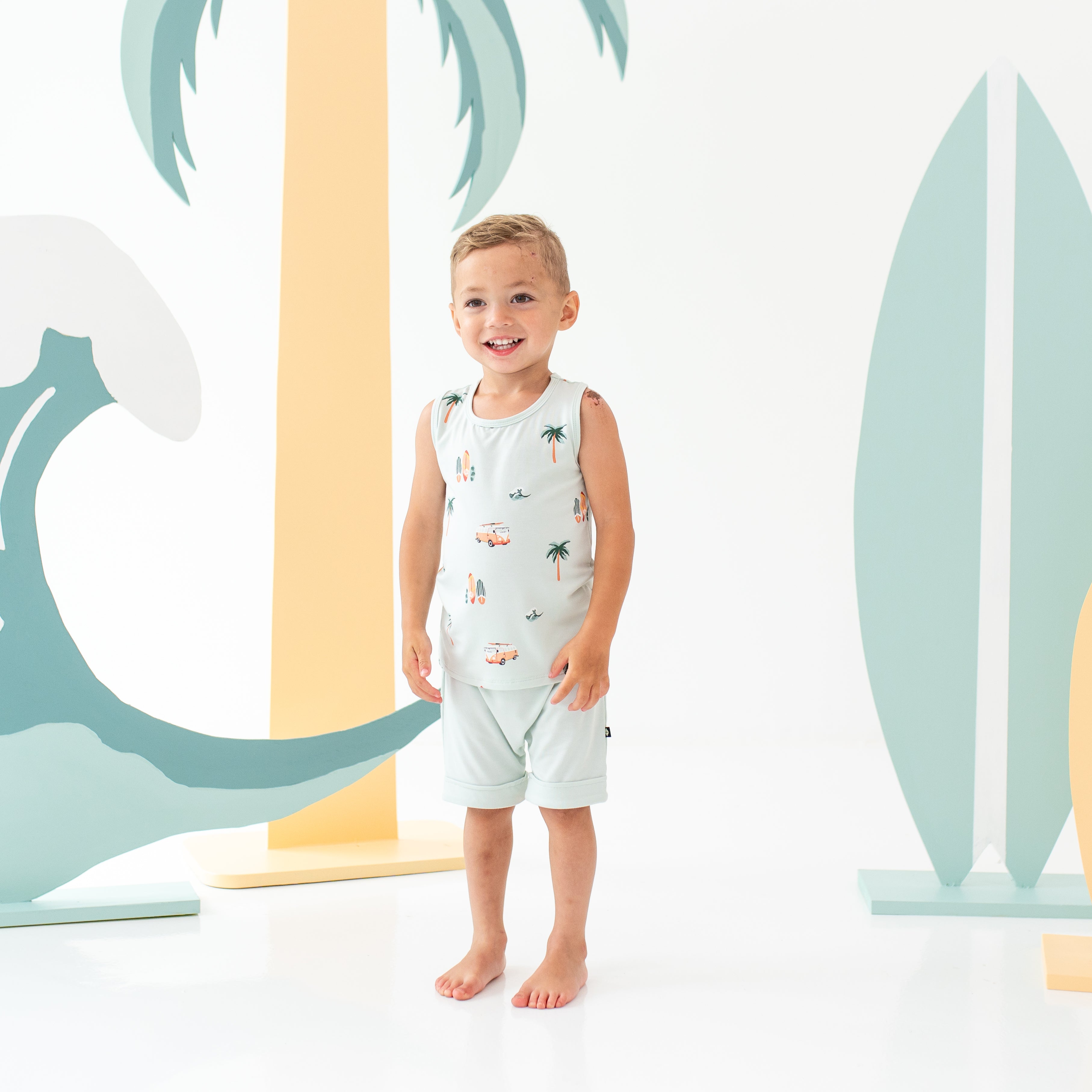 Toddler wearing Harem Shorts in Dew green