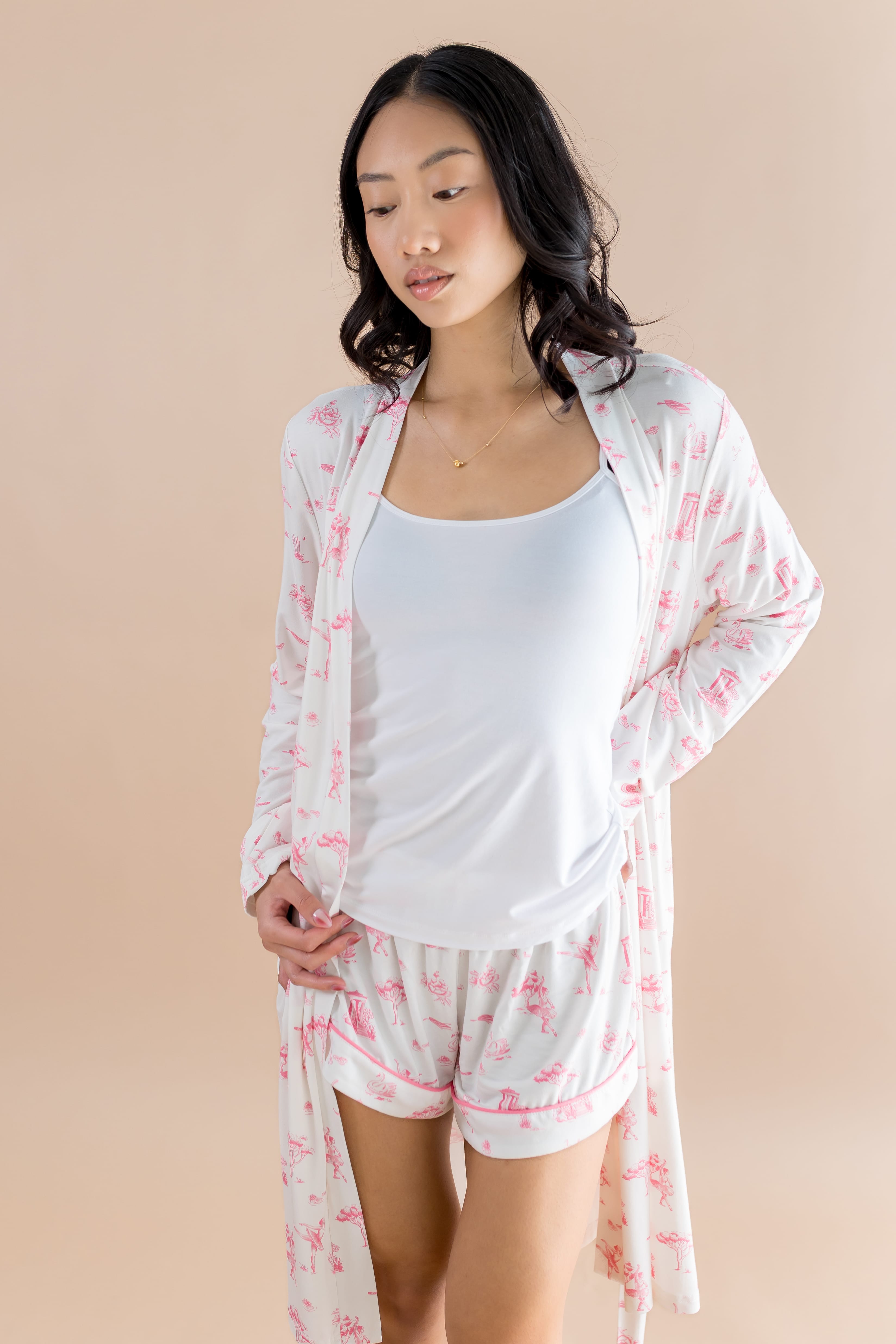 Female modeling the Women's Lounge Robe in Toile Ballet wearing matching shorts and a white tank