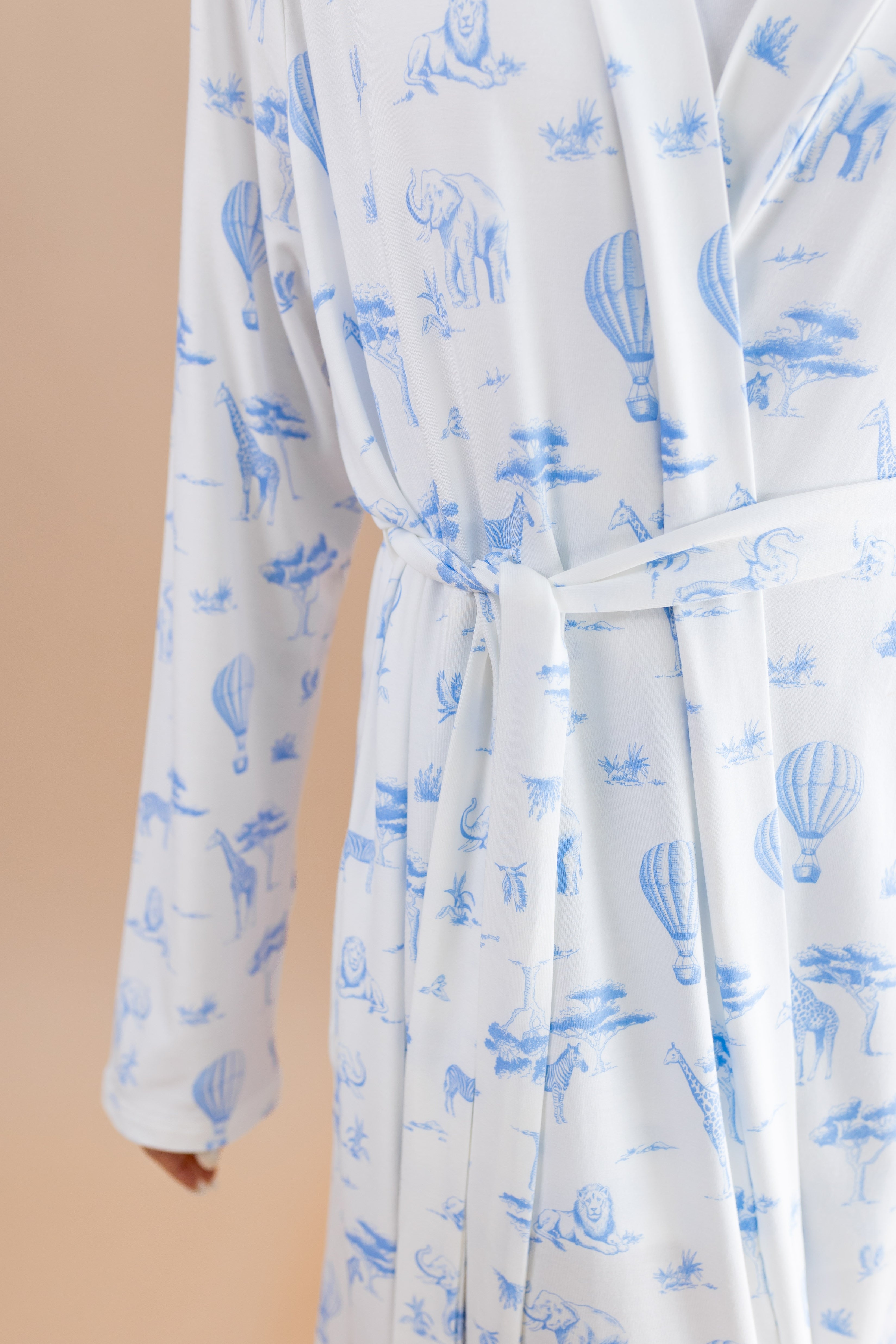 Close up of the waist tie on the Women's Lounge Robe in Toile Safari