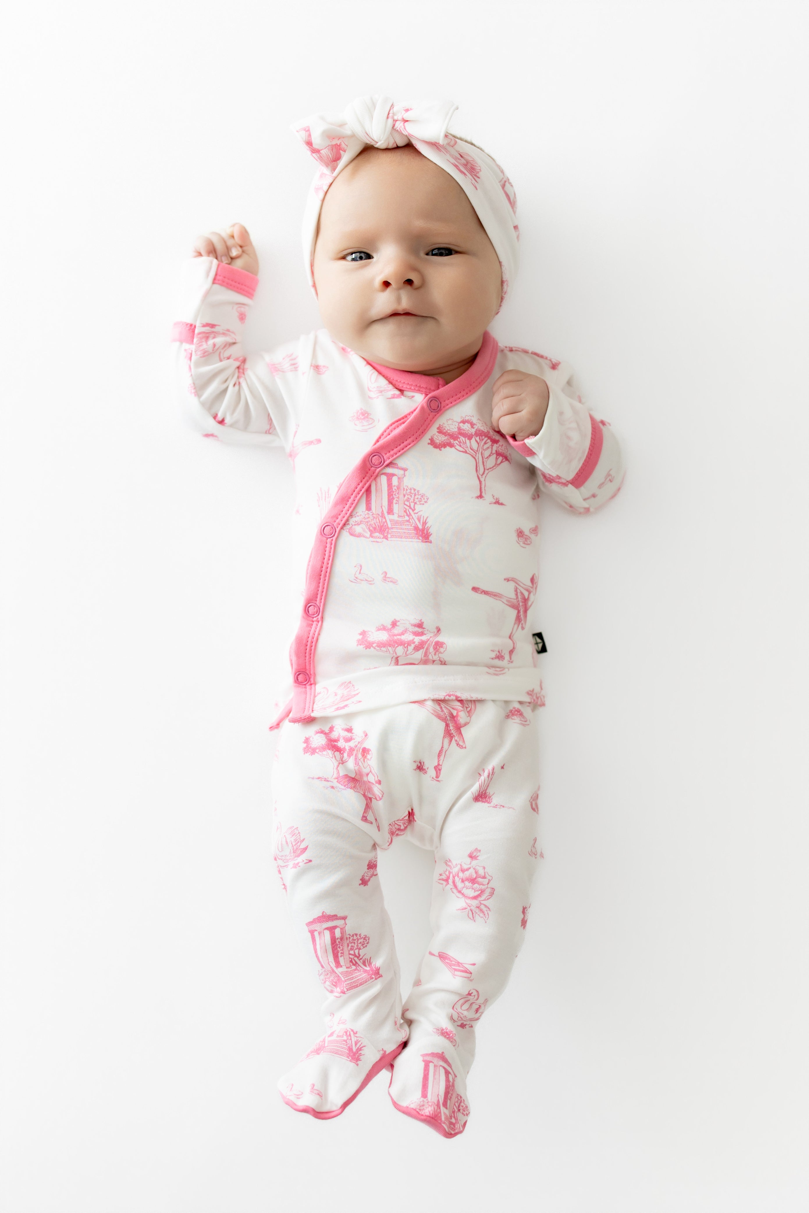 Newborn wearing the Take Me Home Set with Bow in Toile Ballet