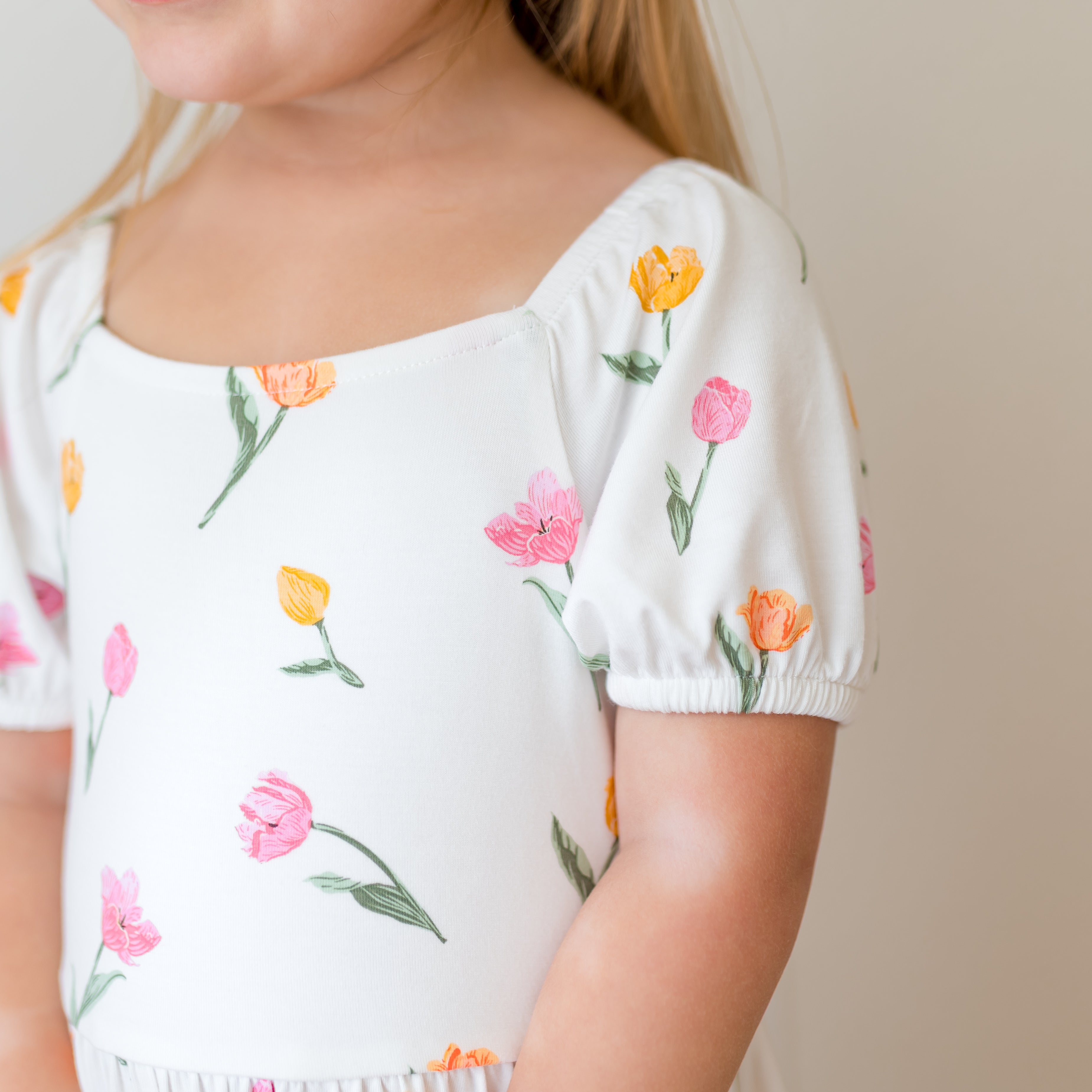 Close up of the puff sleeve on the Puff Sleeve Twirl Dress in Tulip