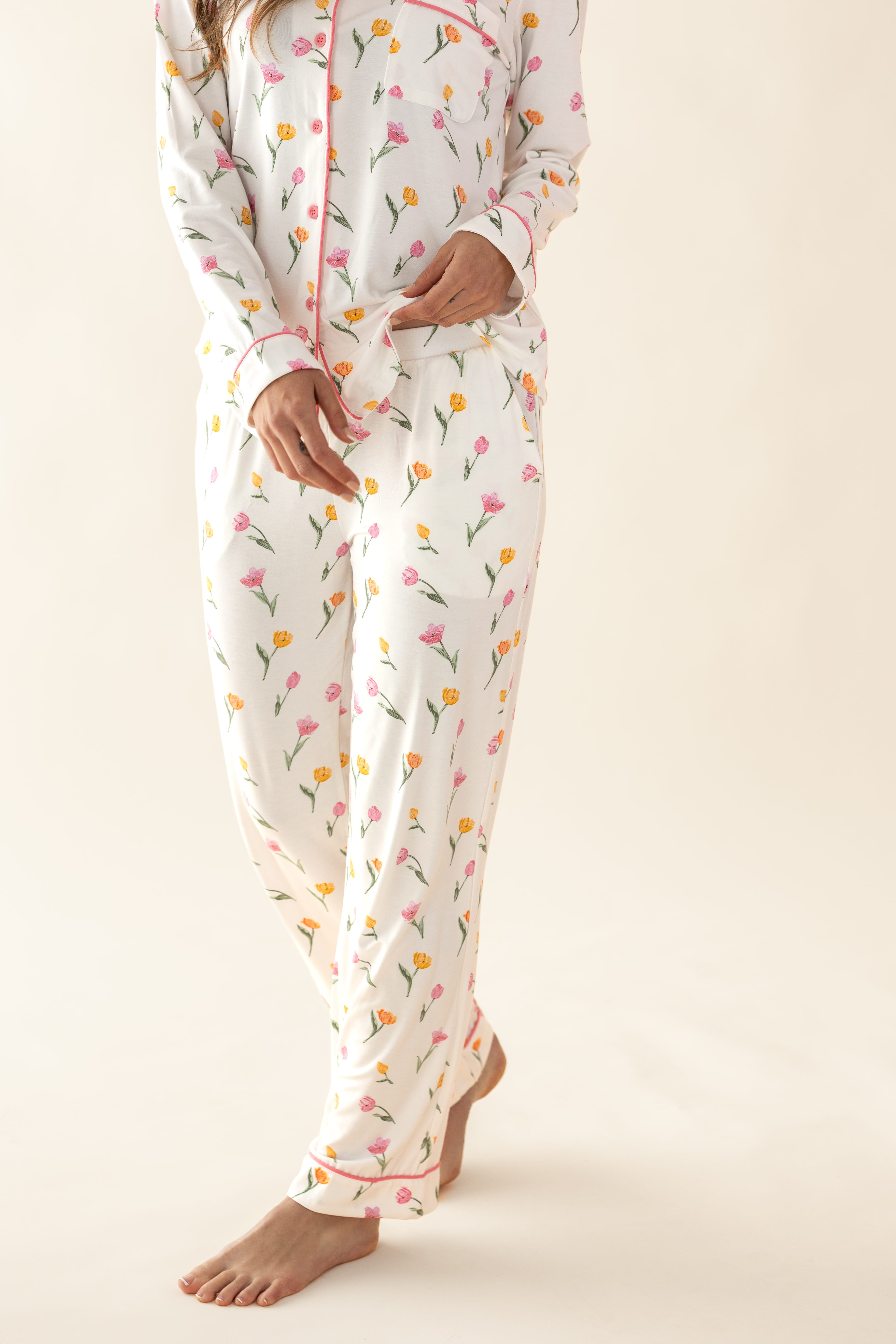 The pants of the Long Sleeve Women’s Nightshirt in Tulip shown on a model