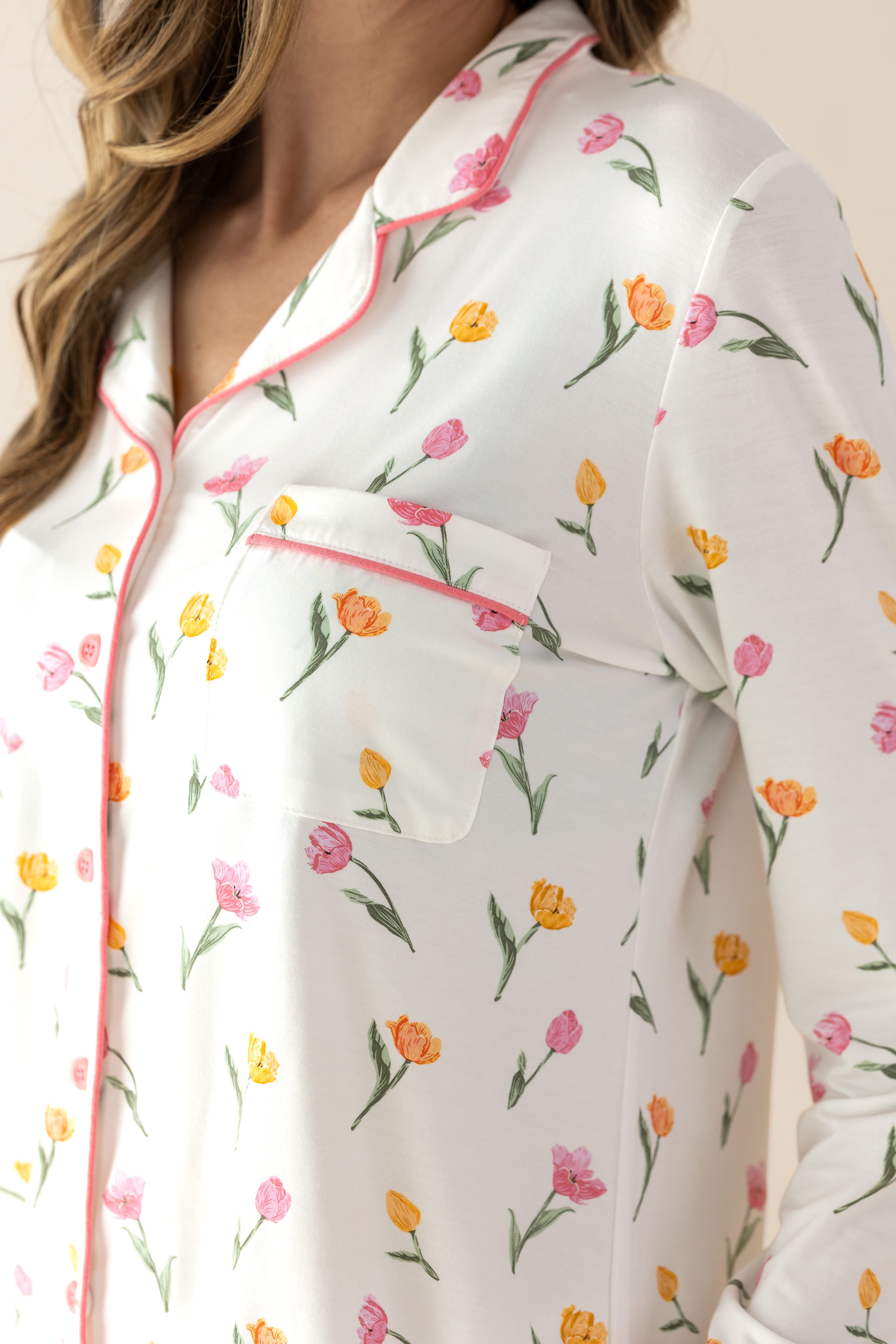 Close up of the chest pocket and button closure shown on the Long Sleeve Women’s Nightshirt in Tulip