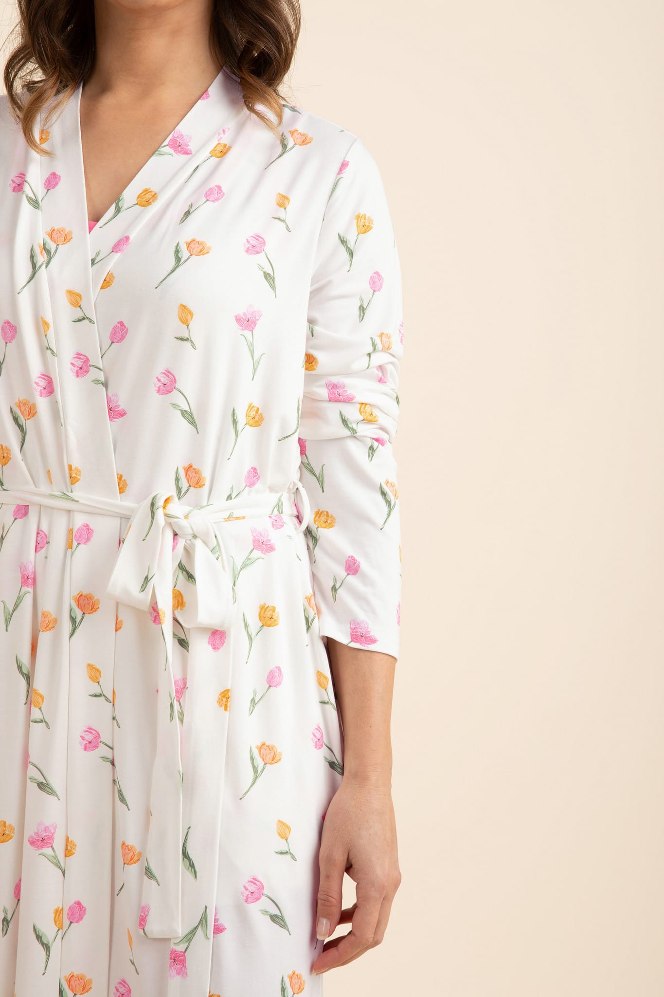 Close up of the arm length and waist tie on the Women's Lounge Robe in Tulip