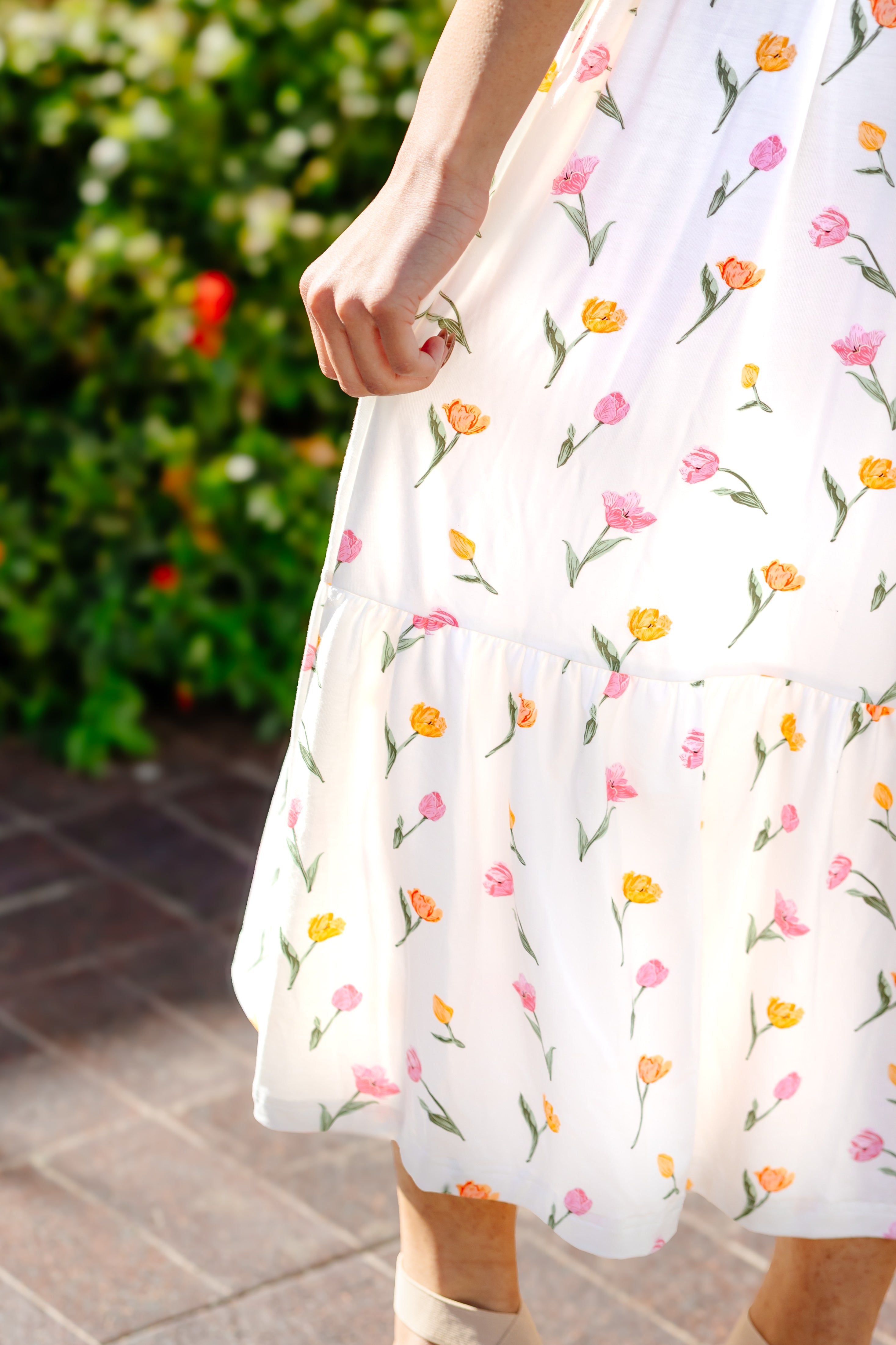 Close up of the tiered layer on the Women’s Smocked Dress in Tulip