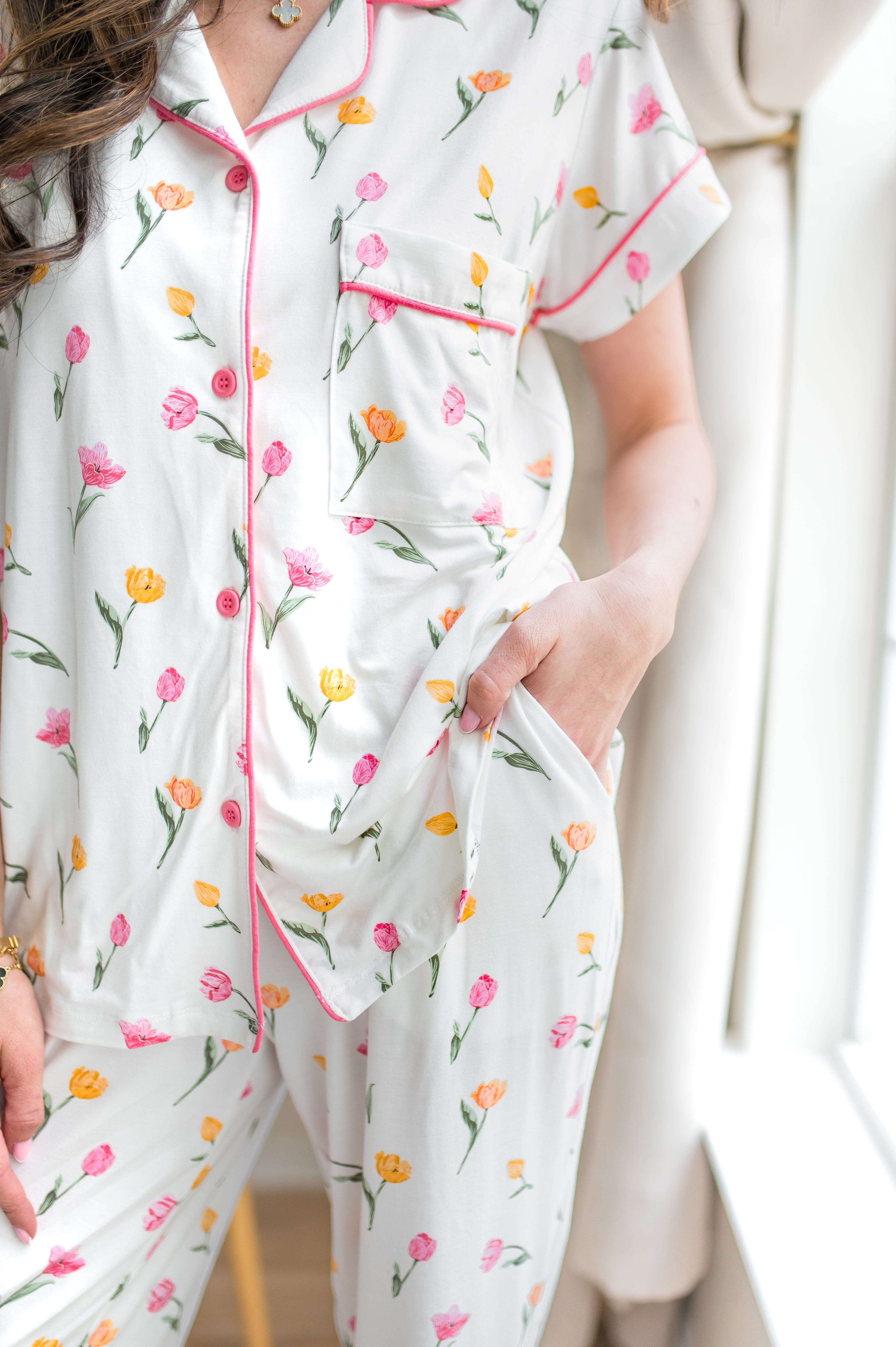 Close up of the print and pocket detail on the Women's Short Sleeve Cropped Pajama Set in Tulip