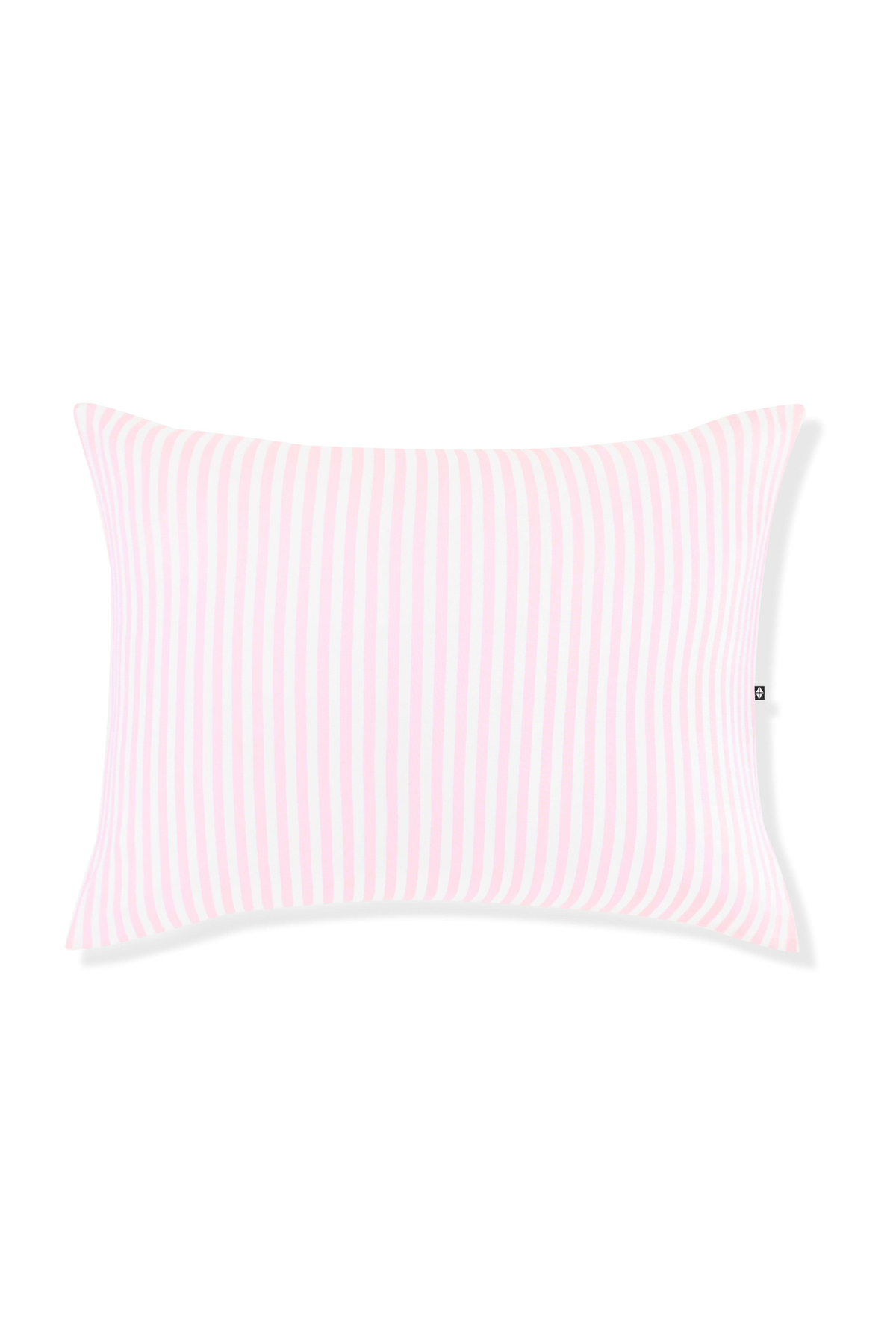 Pink and white striped pillow on a white background