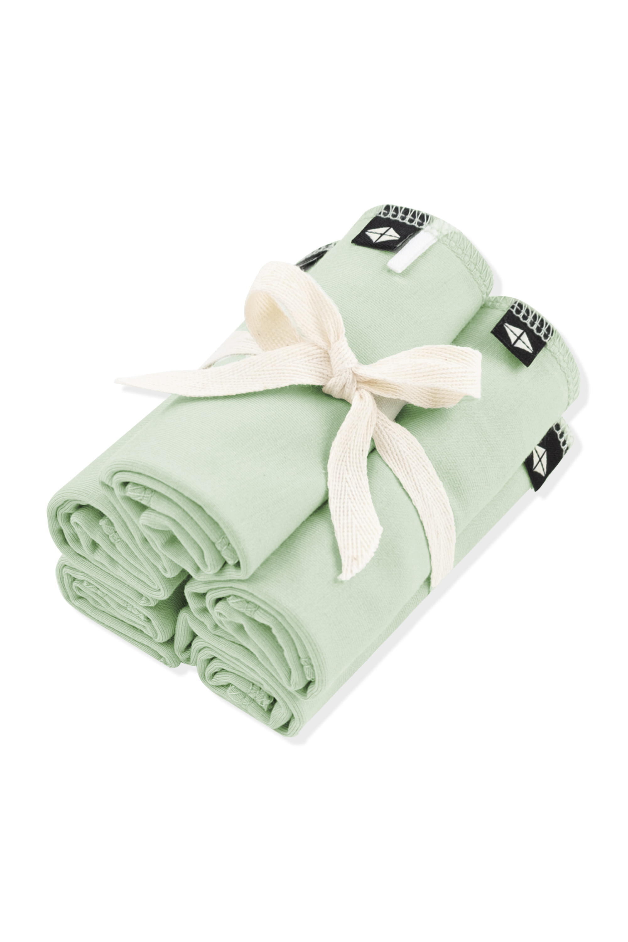 Washcloth 5-Pack in Basil shown in its packaging tied with a linen bow