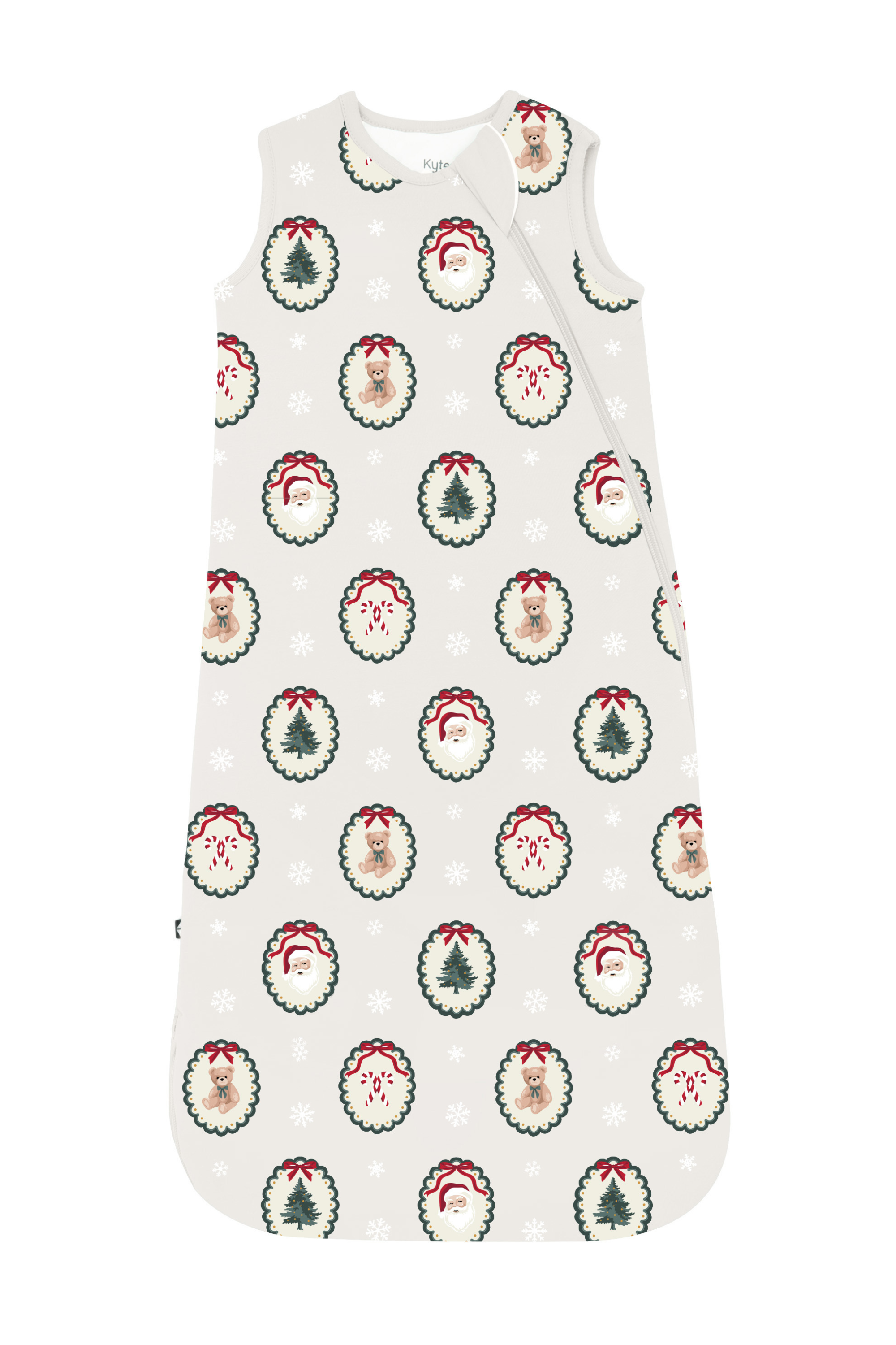 A sleeveless baby sleep sack with a Christmas holiday print, featuring Santa Claus and reindeer motifs inside green wreaths, snowflakes, and a subtle red-and-white striped border.