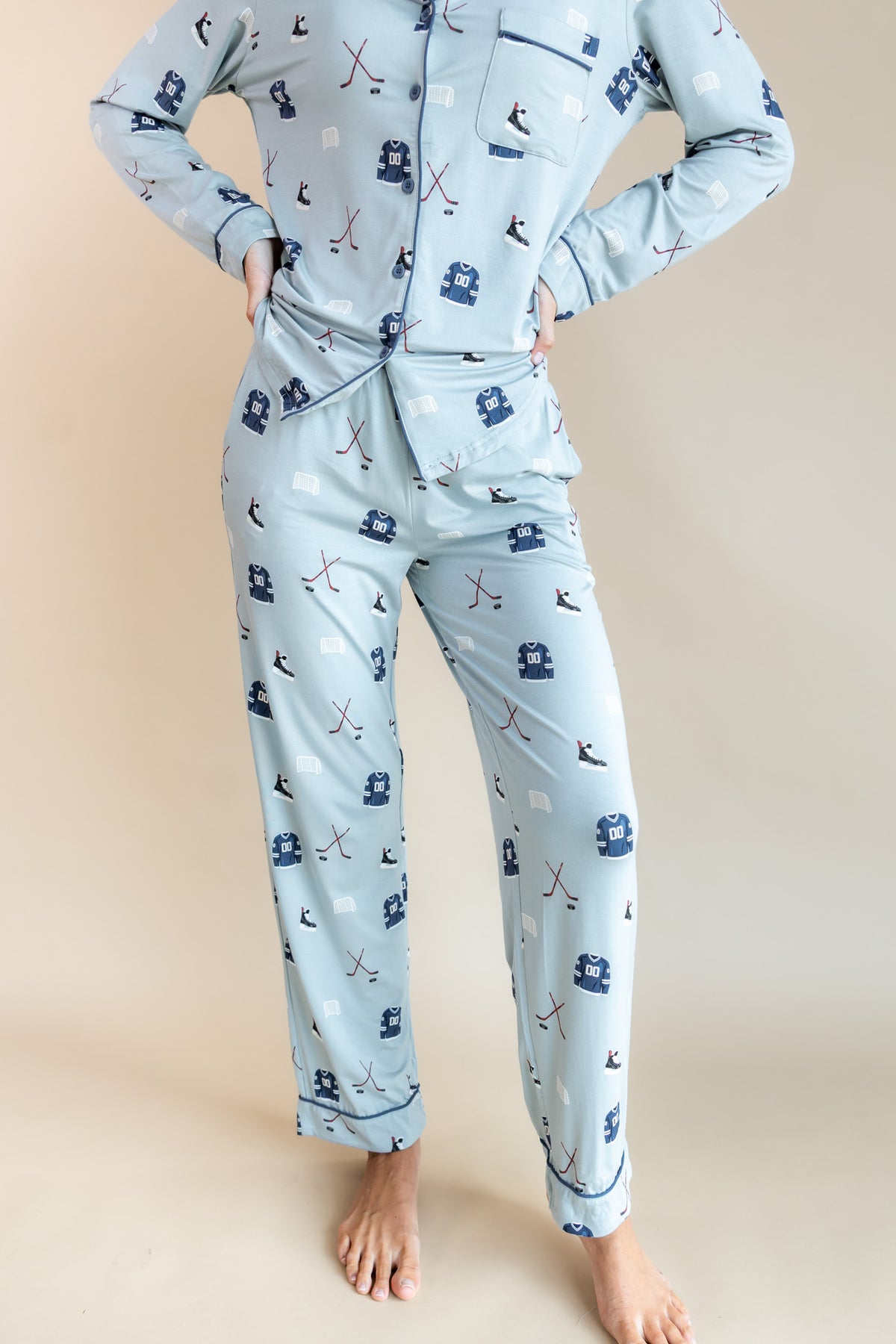 Modal showcasing Blue Long-Sleeved Women's Pajama Set with Vintage Hockey print on a beige background