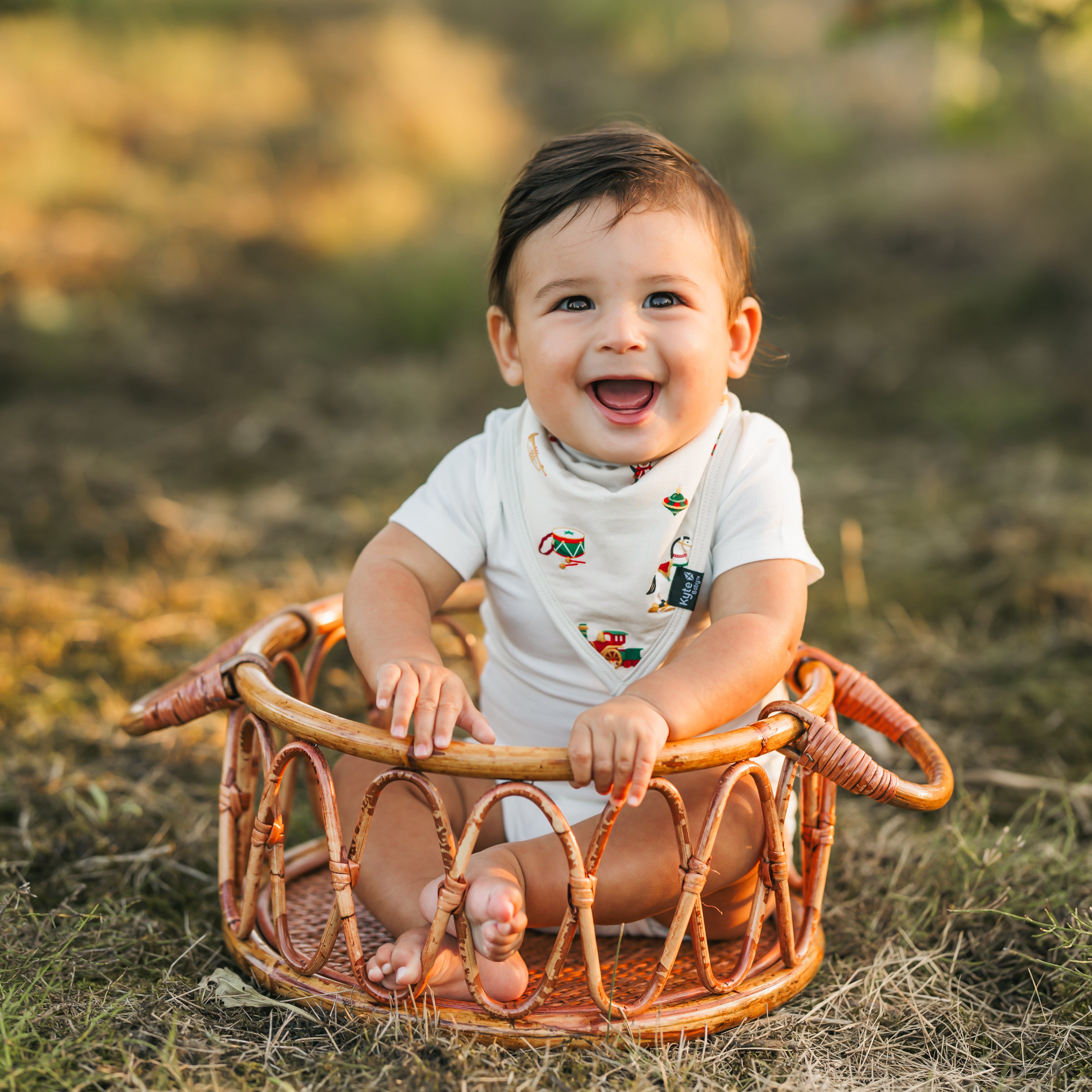 Smiling toddler sitting in a wicker basket wearing the Bib in Vintage Toys