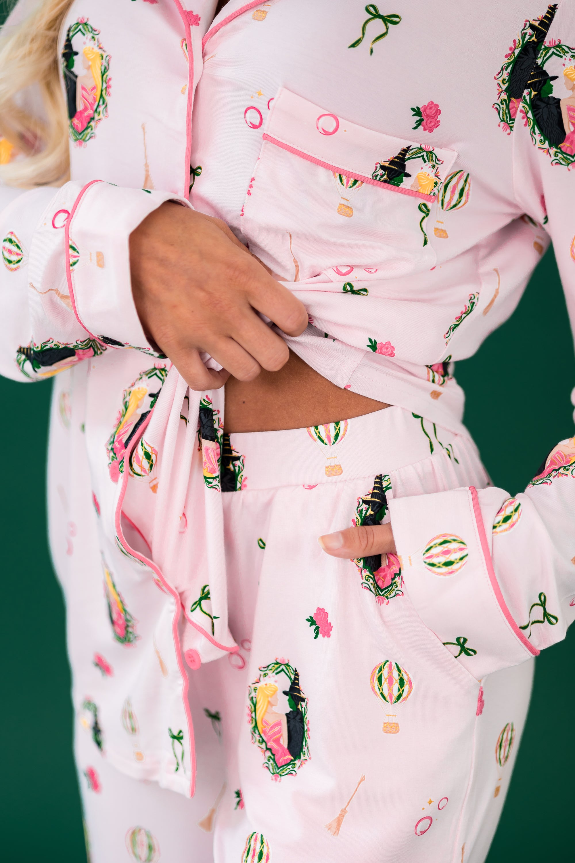 Close up of the flat waist band shown on the pants of the Long-Sleeved Women's Pajama Set in Wicked on a model