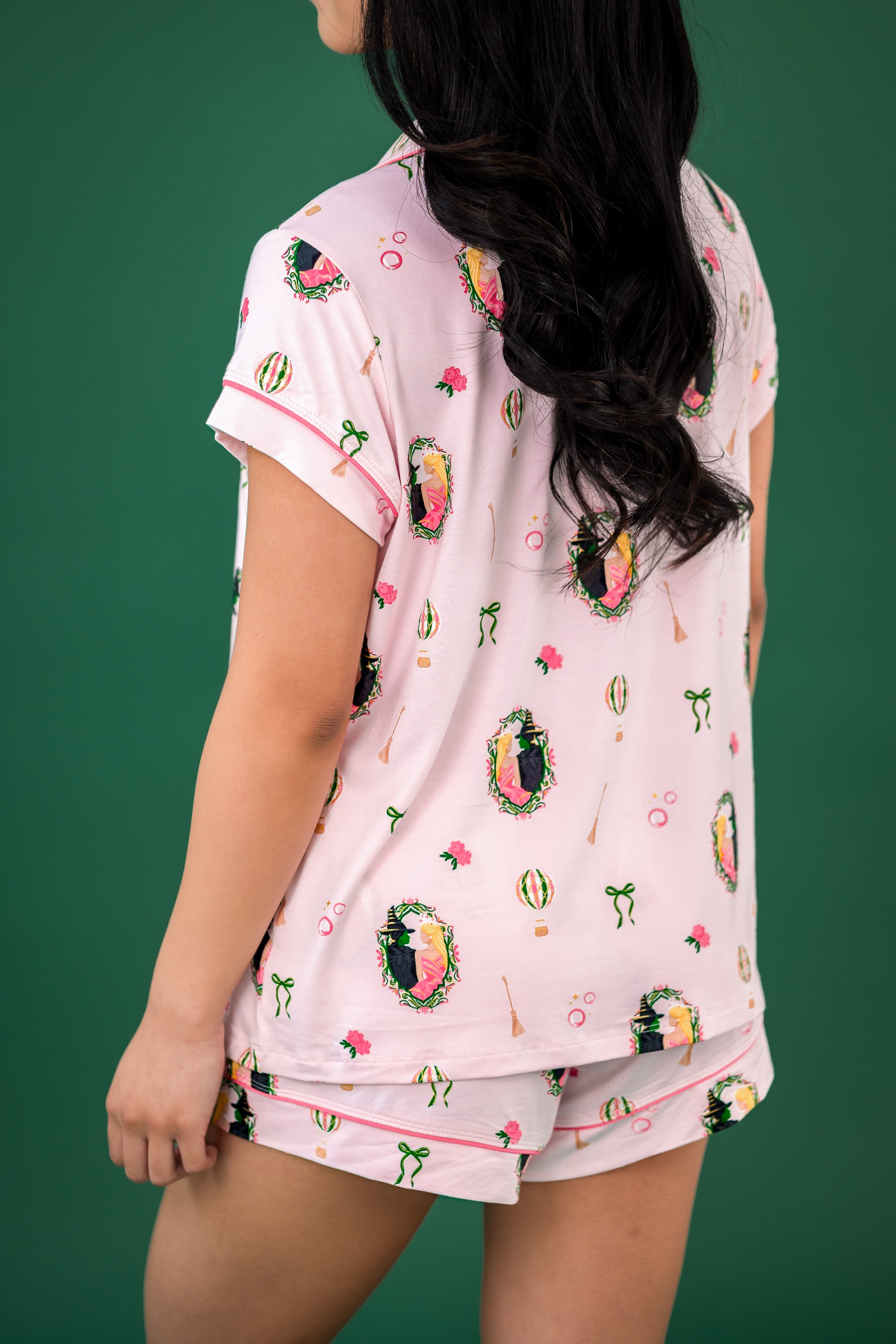 The back of the Women's Short Sleeve Pajama Set in Wicked shown on a female model