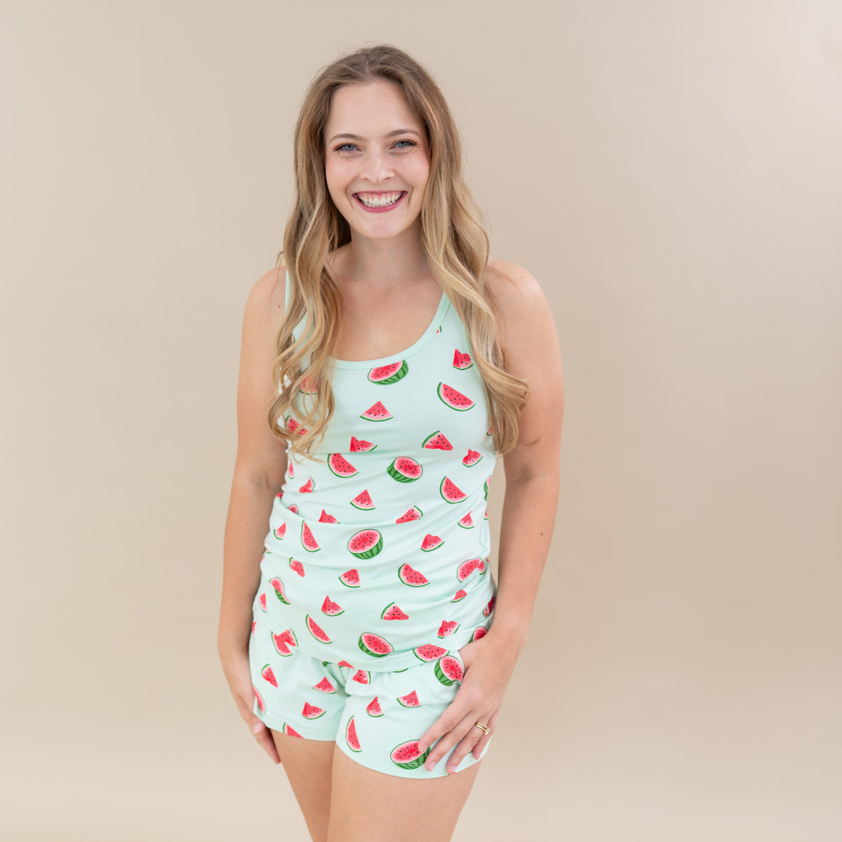 Woman modeling Women’s Tank Set in Watermelon