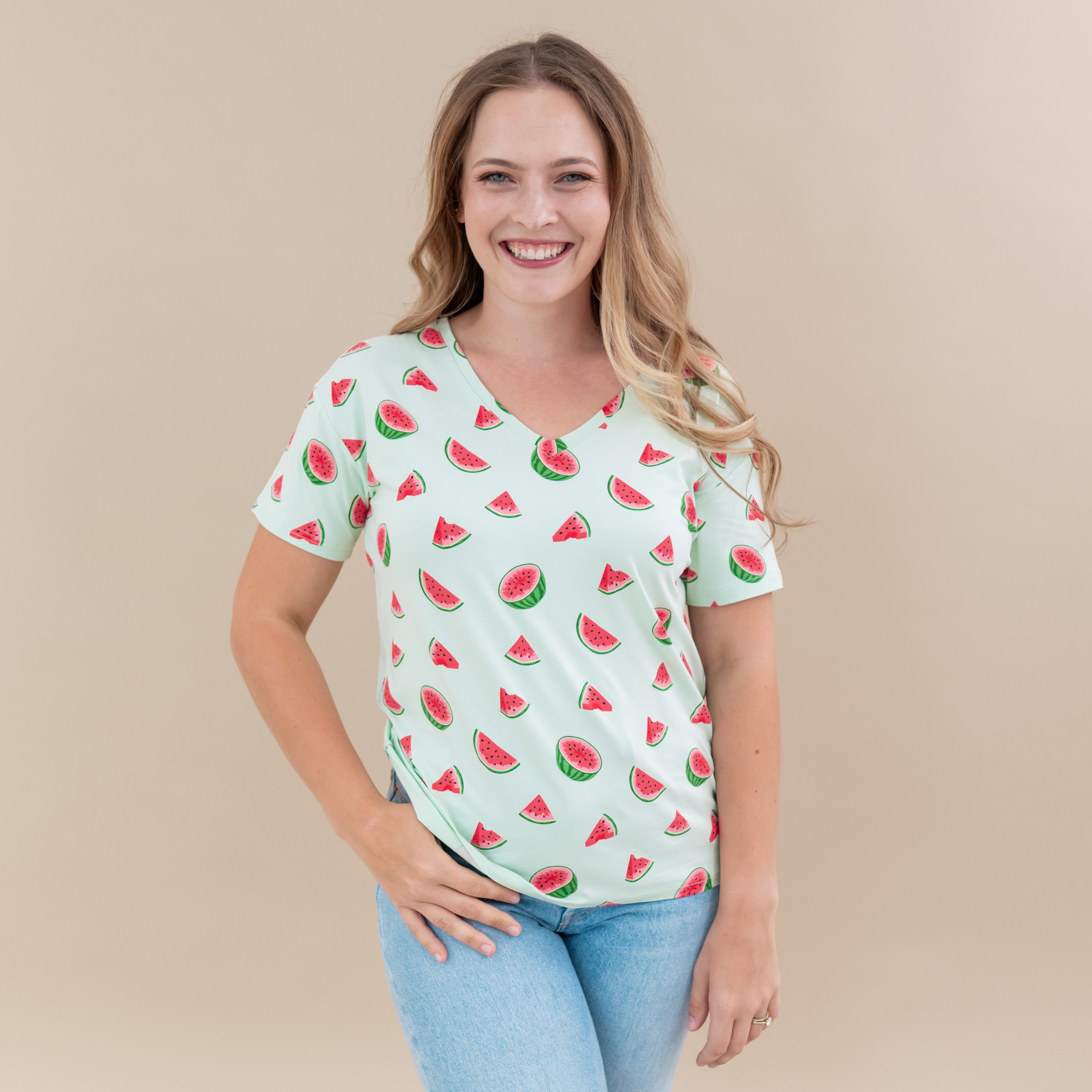 Woman wearing Kyte Baby Women's Relaxed Fit V-Neck in Watermelon