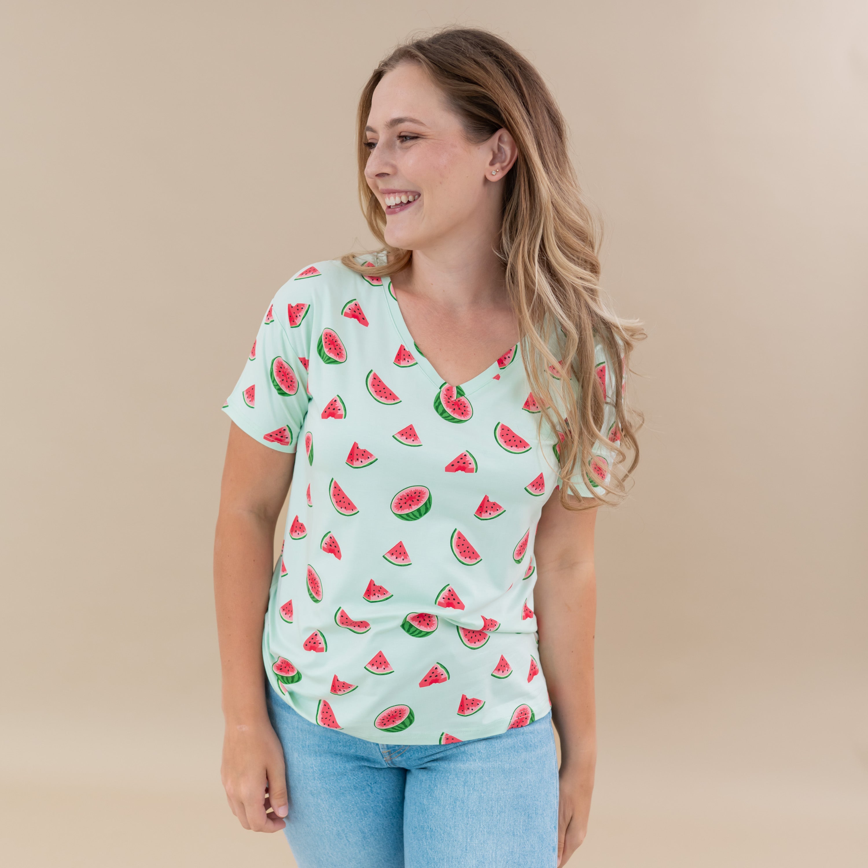 Woman wearing Kyte Baby Bamboo Women's Relaxed Fit V-Neck tee in Watermelon