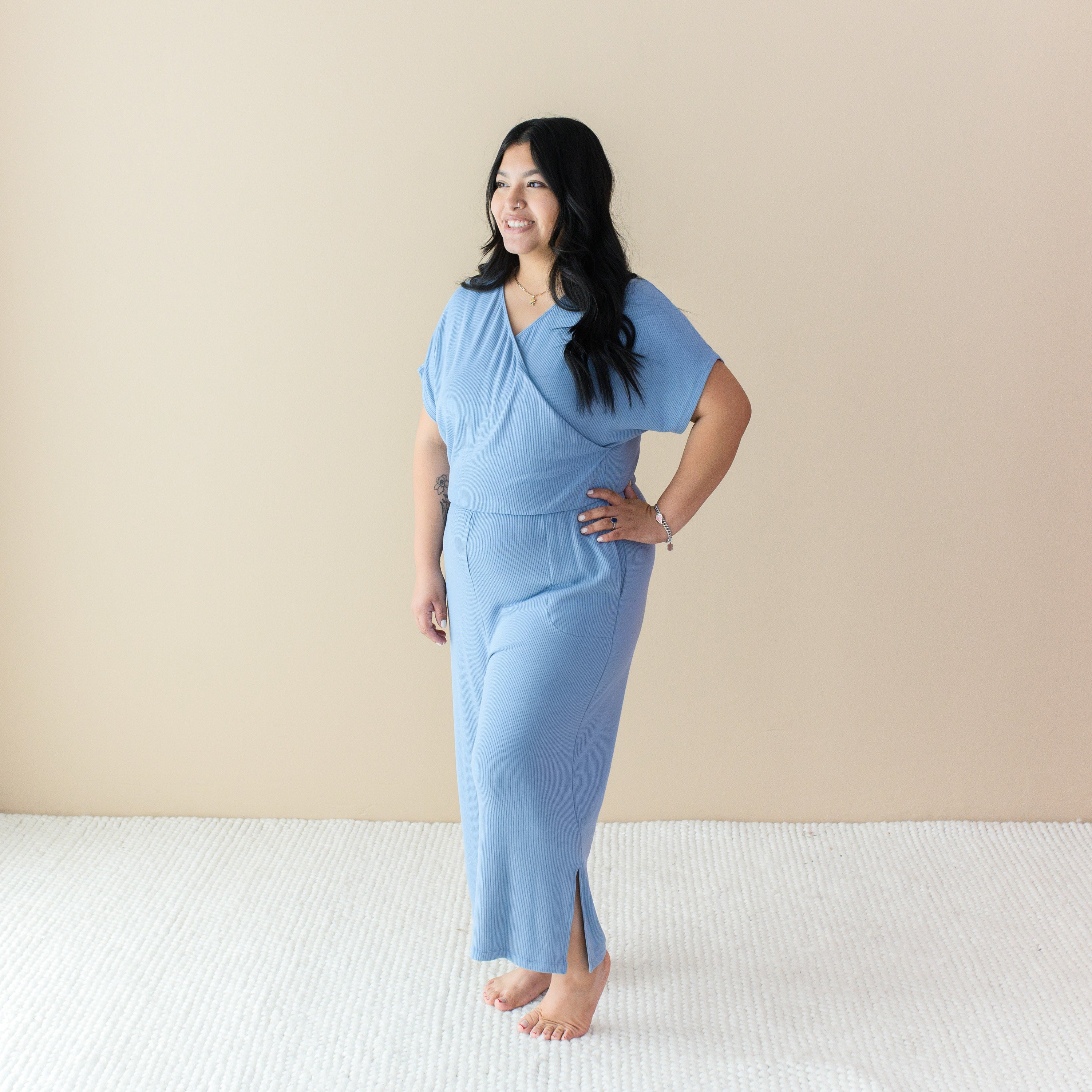 Woman wearing Women's Ribbed Jumpsuit with Pockets in Slate