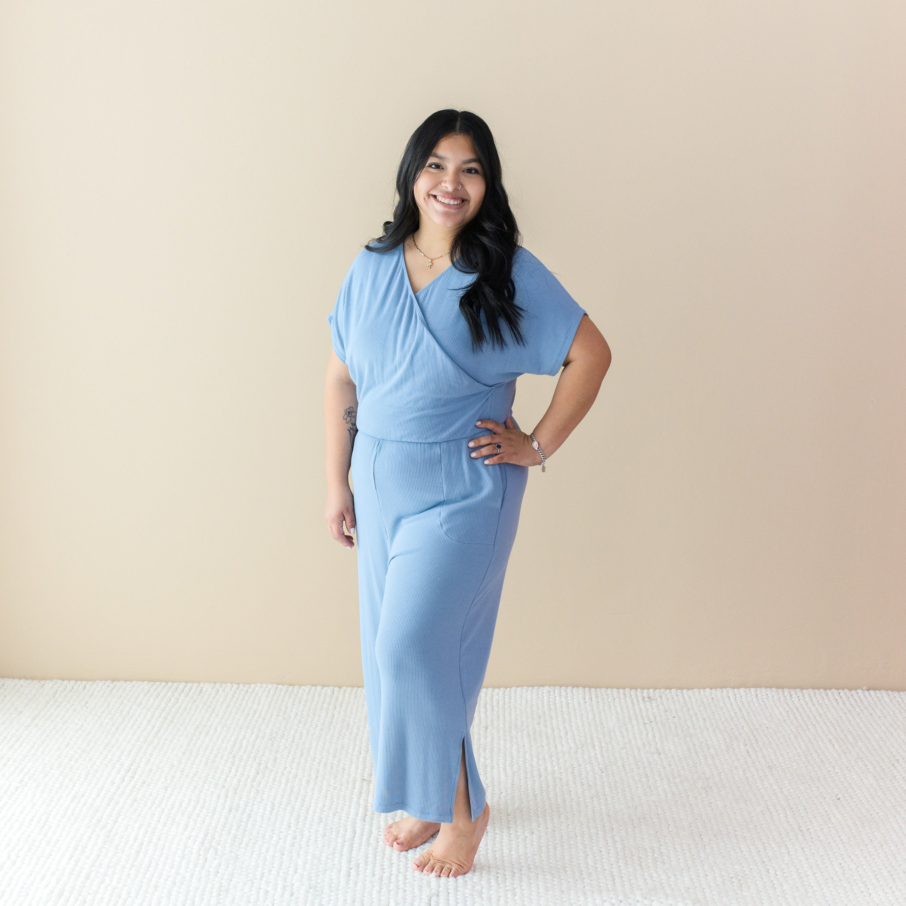 Woman wearing Wide Leg Women's Ribbed Jumpsuit in Slate