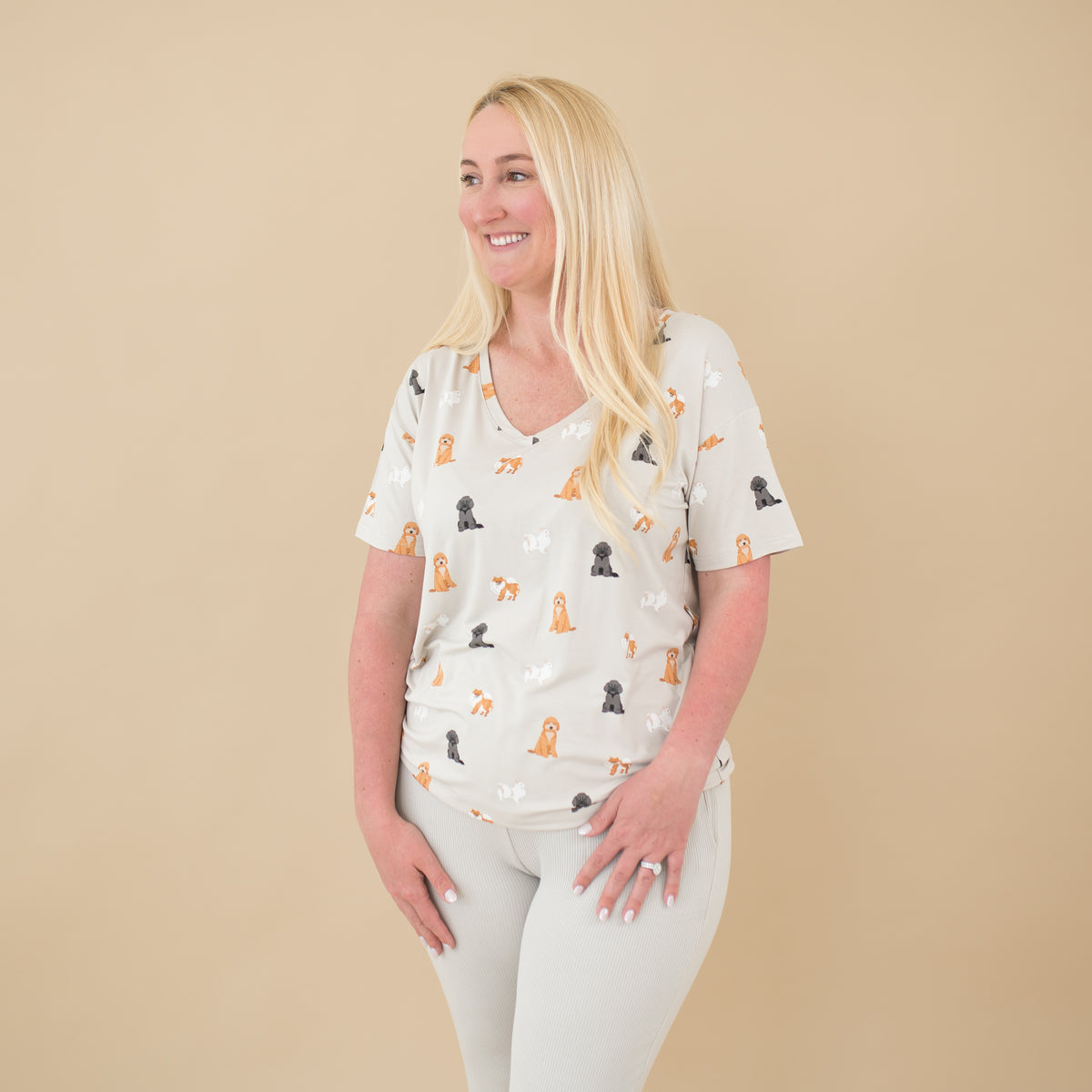 Woman modeling Women’s Relaxed Fit V-Neck in Fluffy Dog