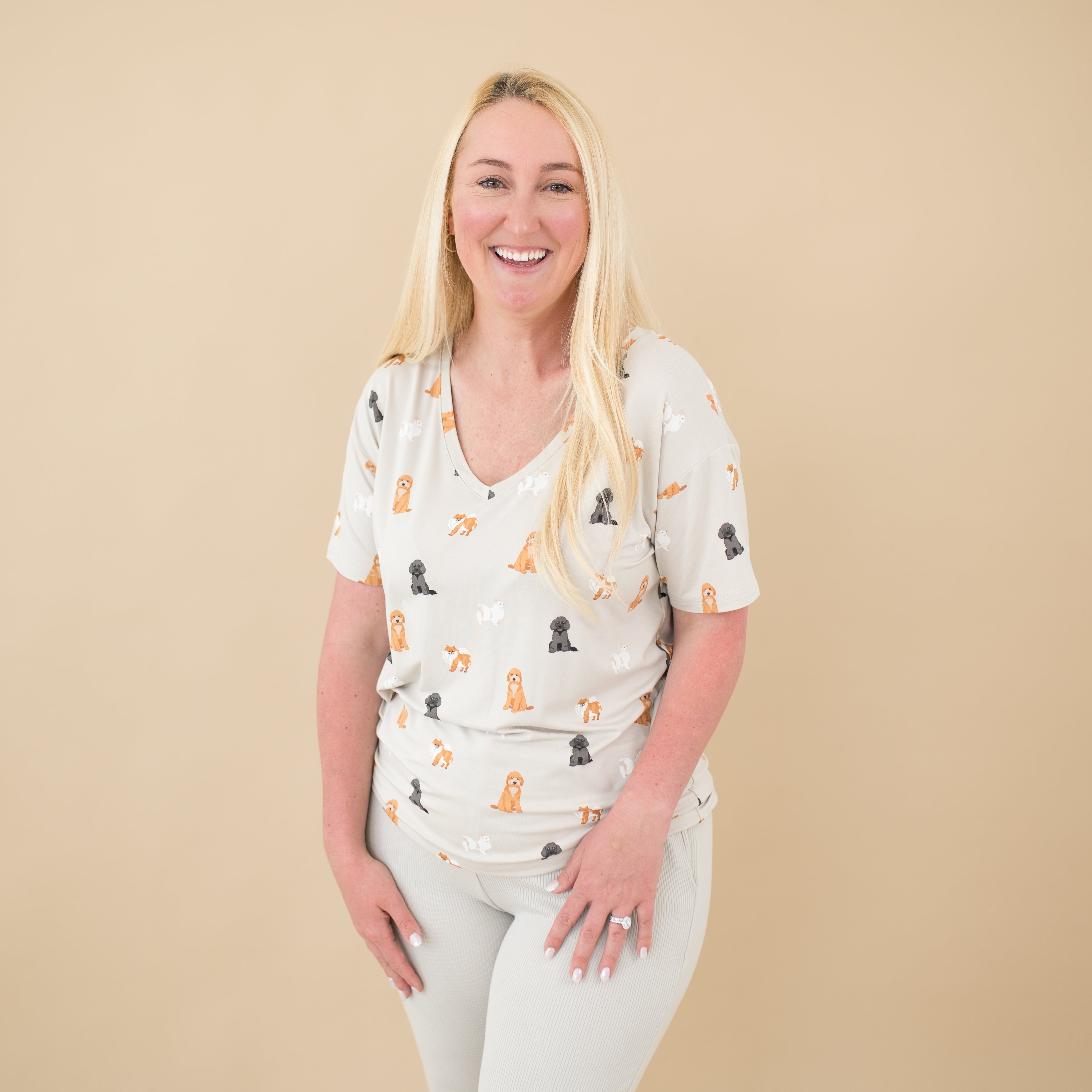 Woman modeling Women’s Relaxed Fit V-Neck in Fluffy Dog