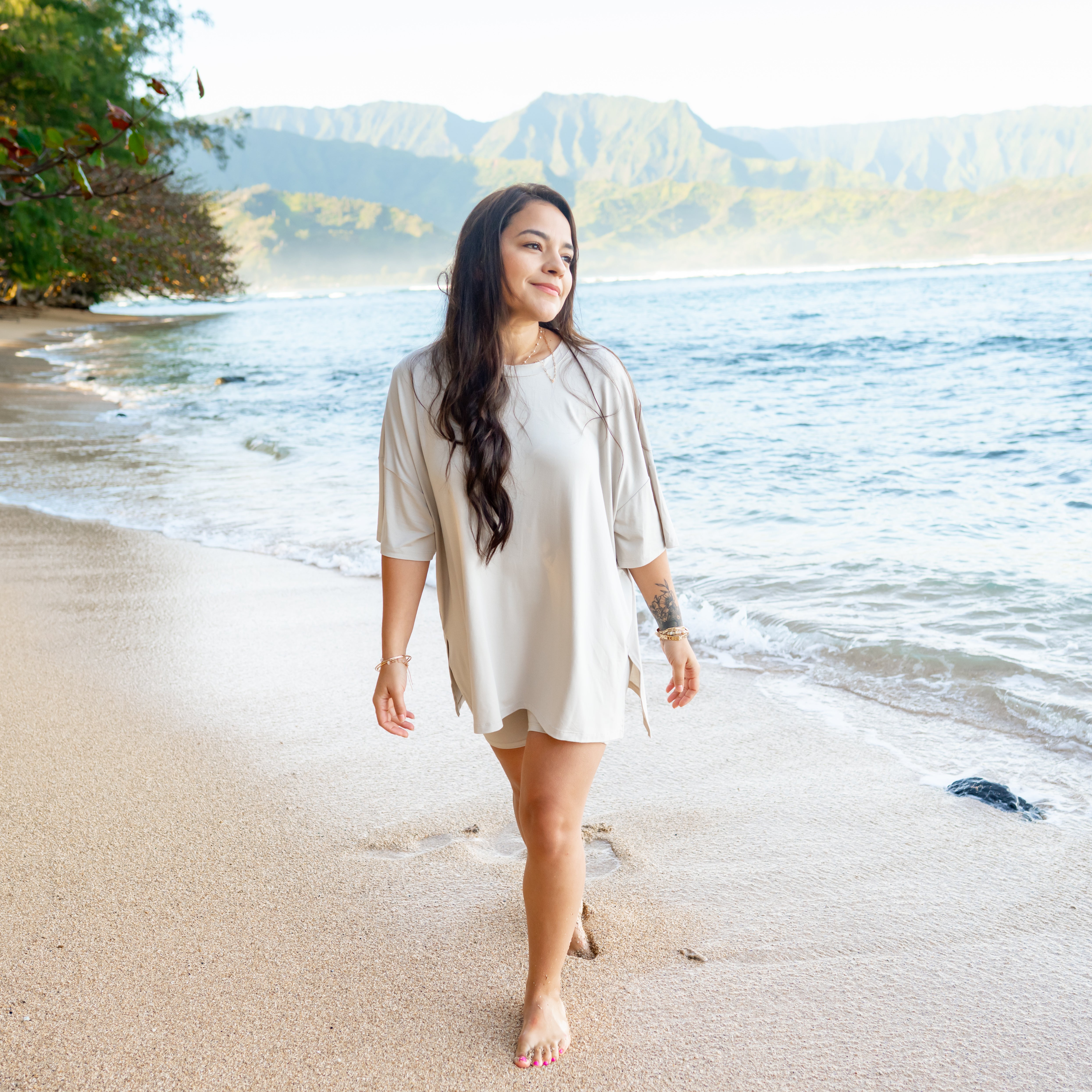 Woman wearing Women’s Biker Short Set in Oat