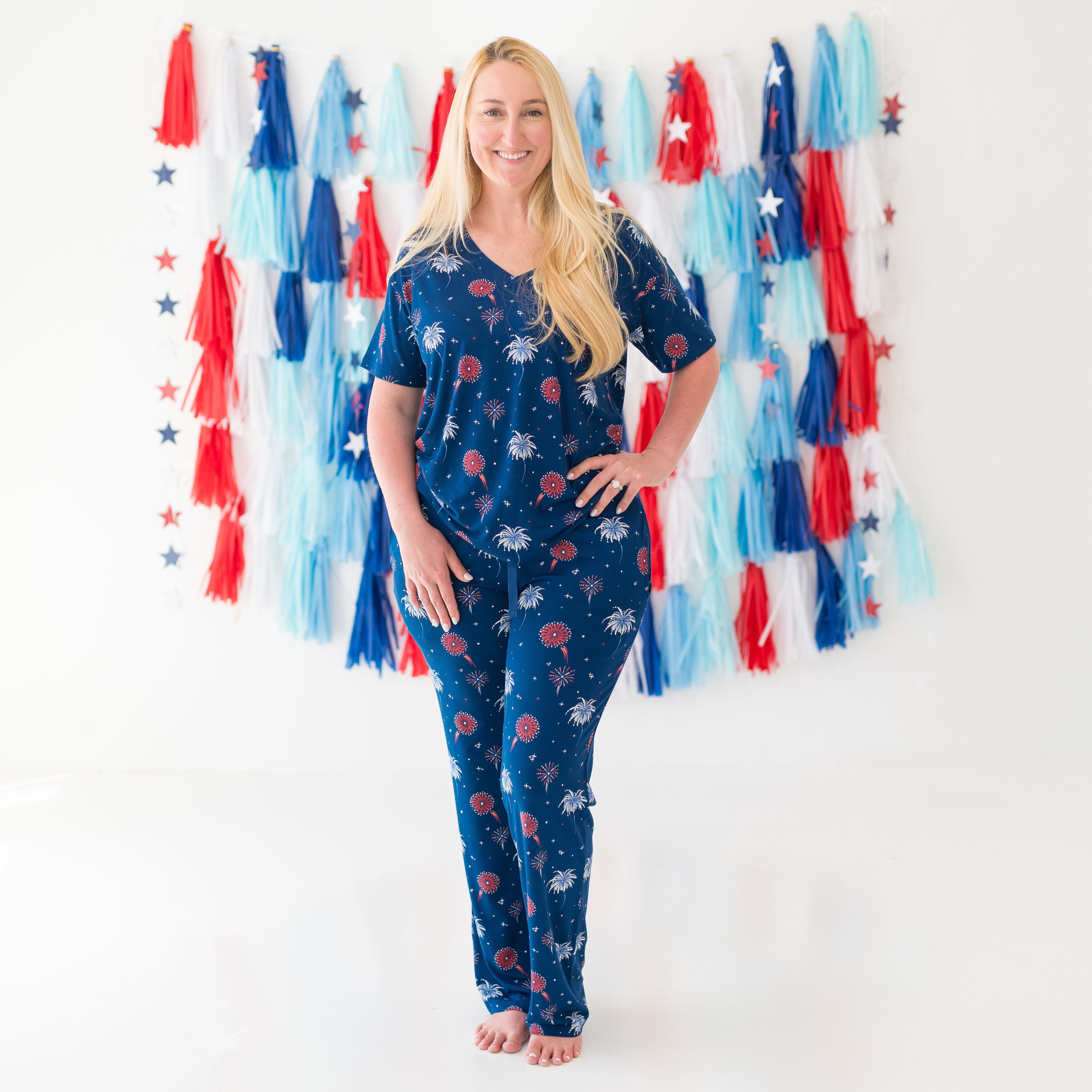 Woman modeling Close up of Women's Lounge Pants in Celebration and V-neck