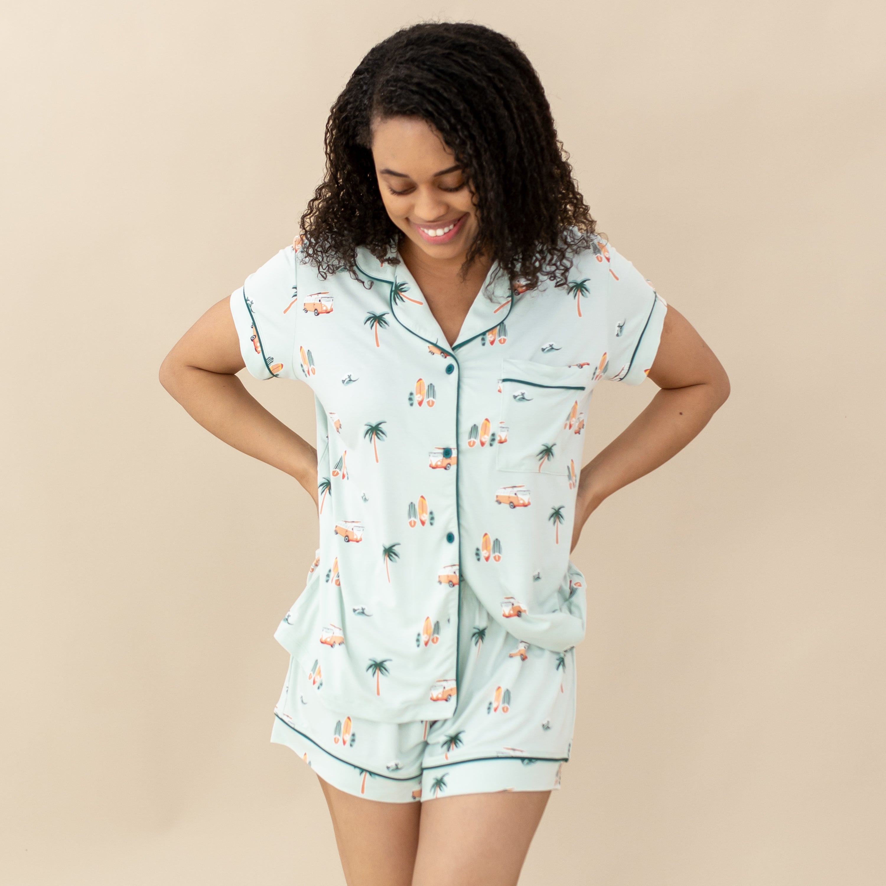 Woman modeling Women's Short Sleeve Pajama Set in Dew Surf