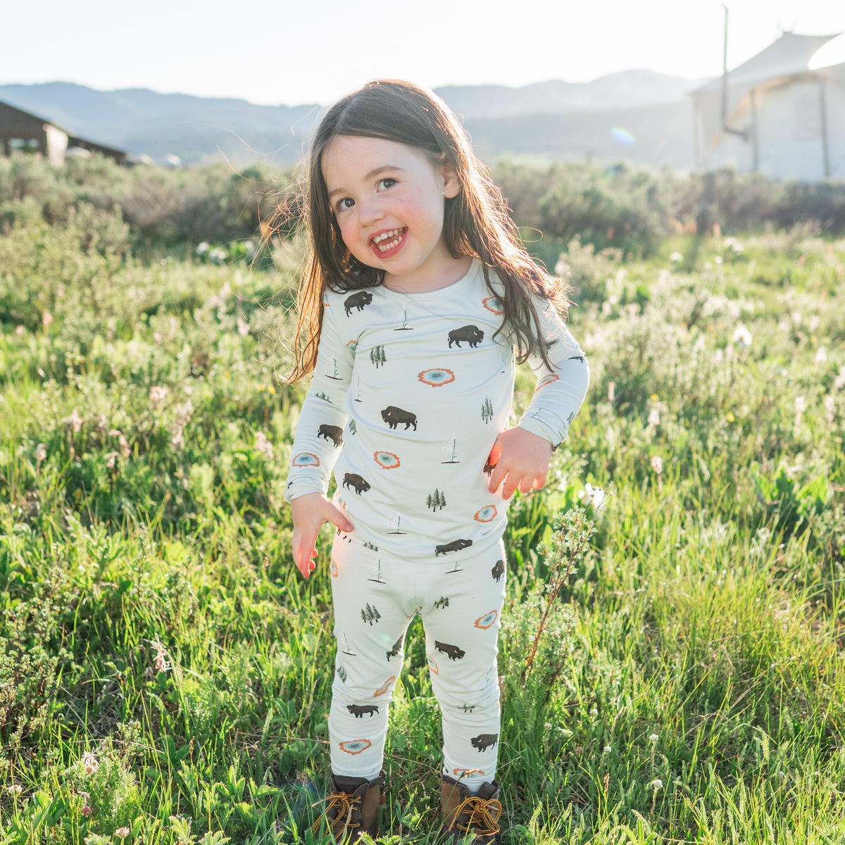 Young child modeling Long Sleeve Pajamas in Yellowstone in Yellowstone national park