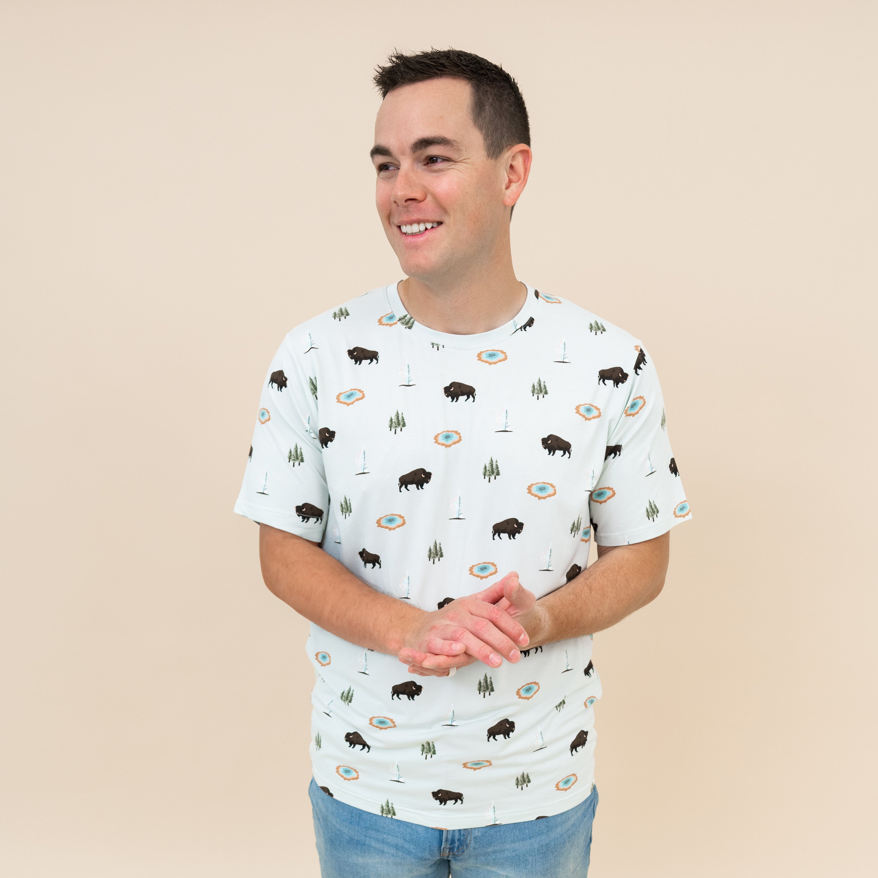Man modeling Men's Crew Neck Tee in Yellowstone