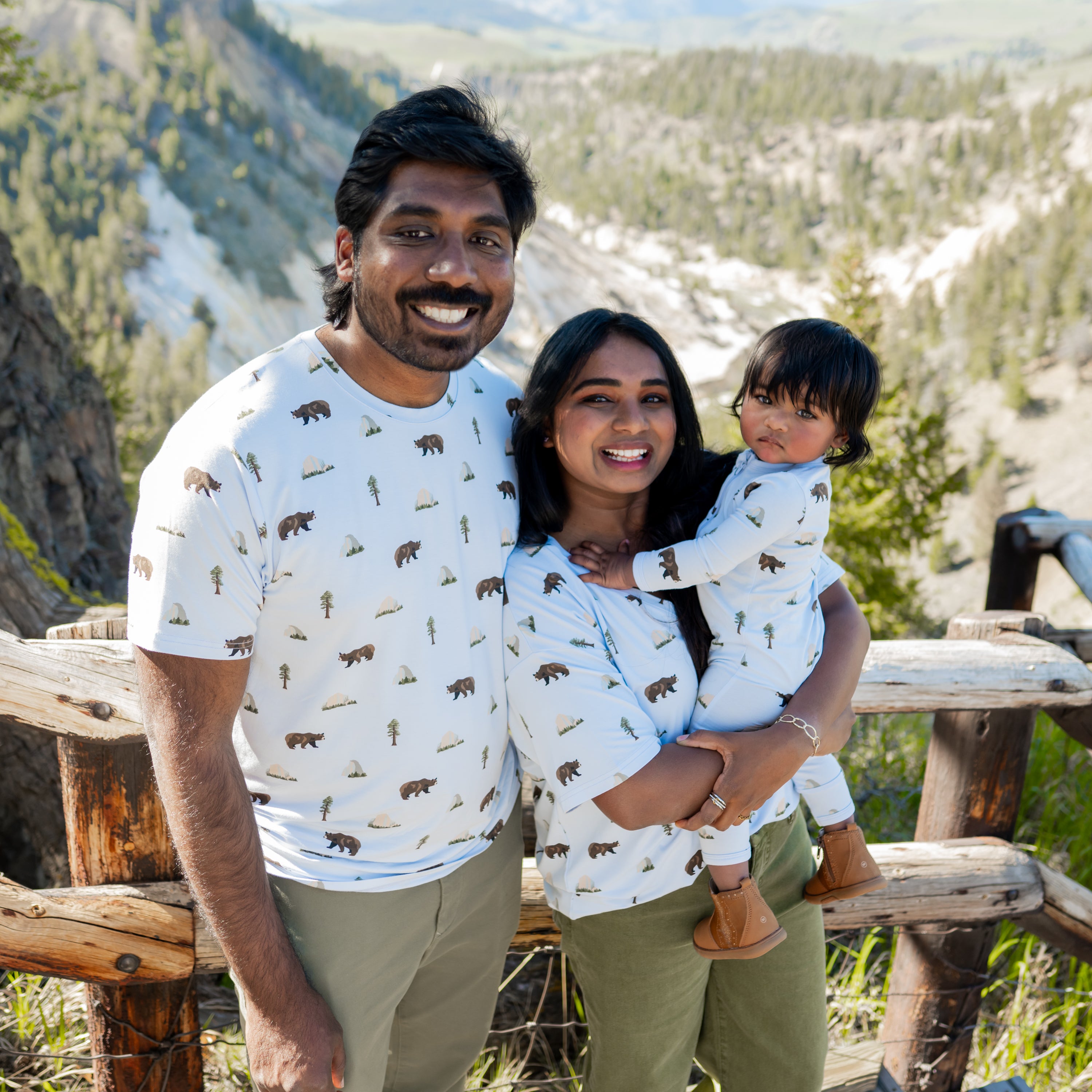 Family in matching Yosemite print included Men's Crew, Women's V-neck and Zippered Romper