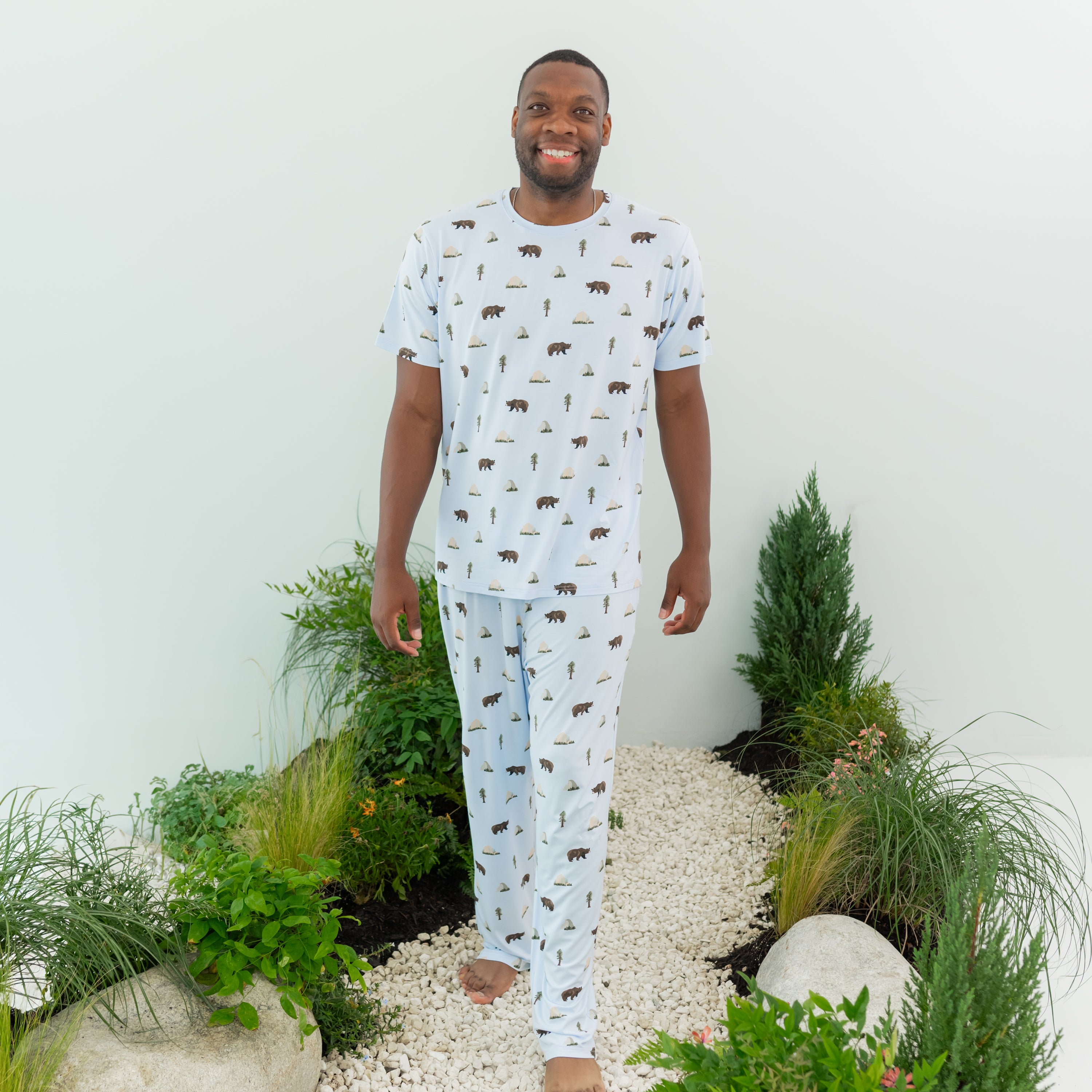 Man wearing Men's Crew Neck Tee in Yosemite and matching Lounge Pants