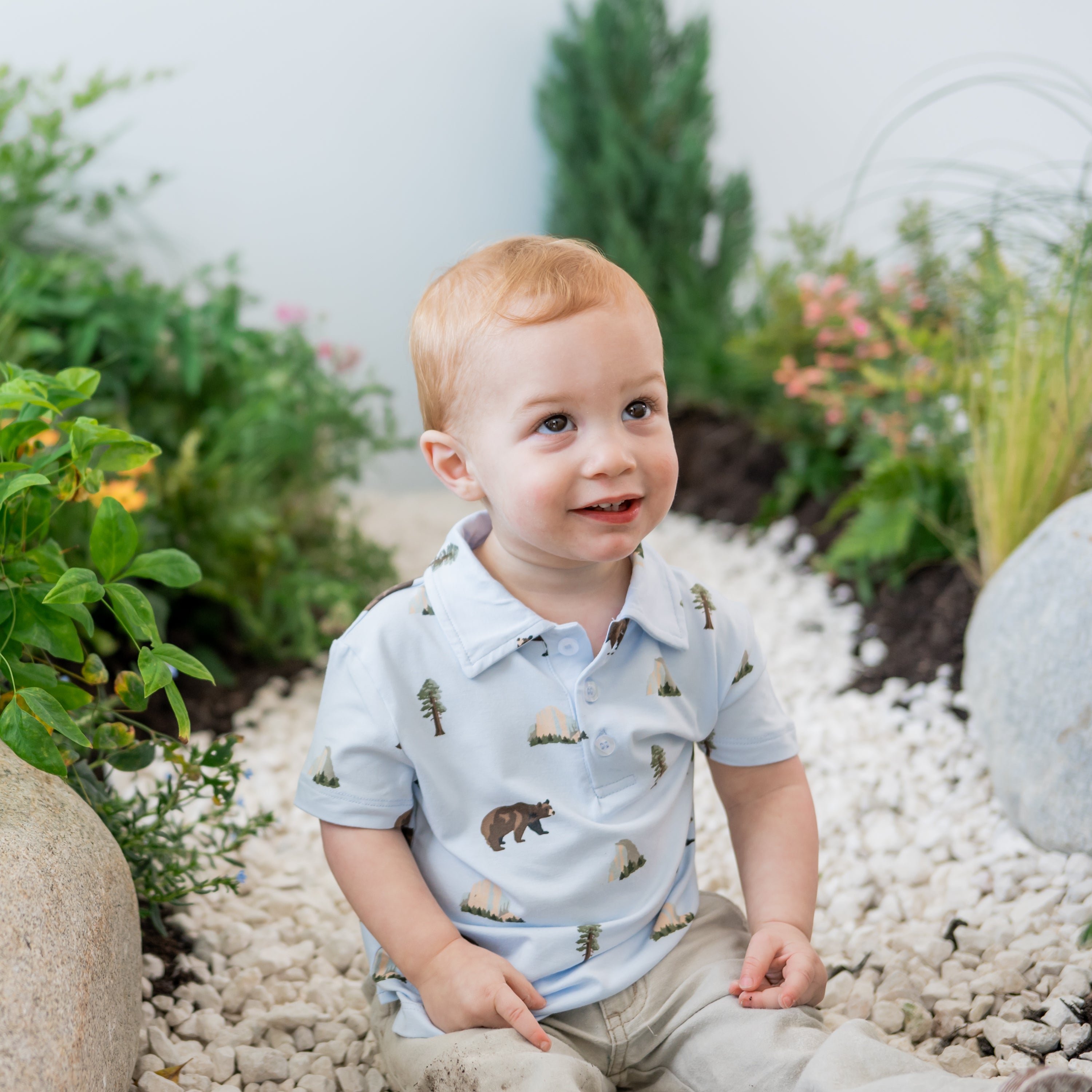 Close up of Toddler modeling Toddler Short Sleeve Polo in Yosemite