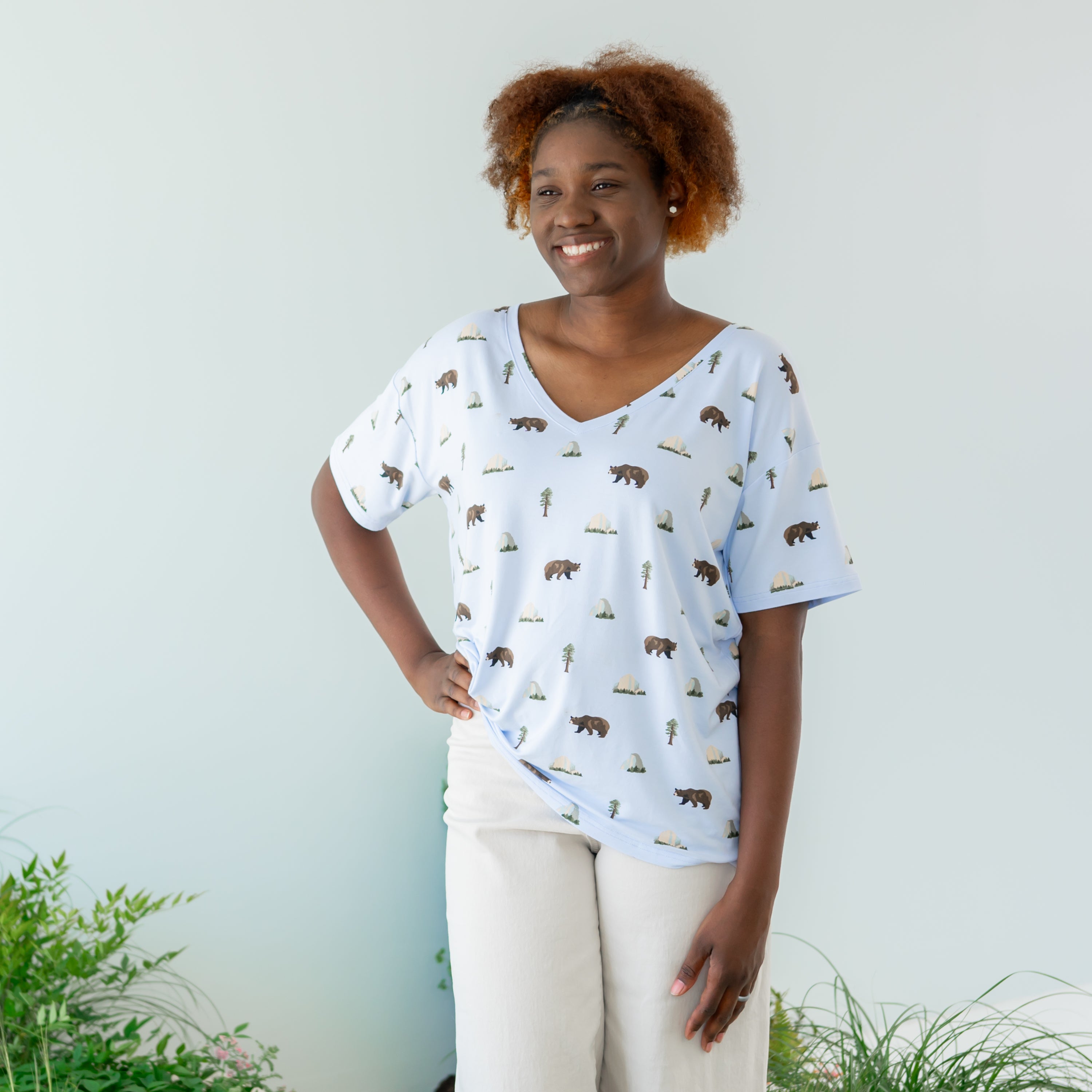 Woman modeling Women's Relaxed Fit V-Neck in Yosemite