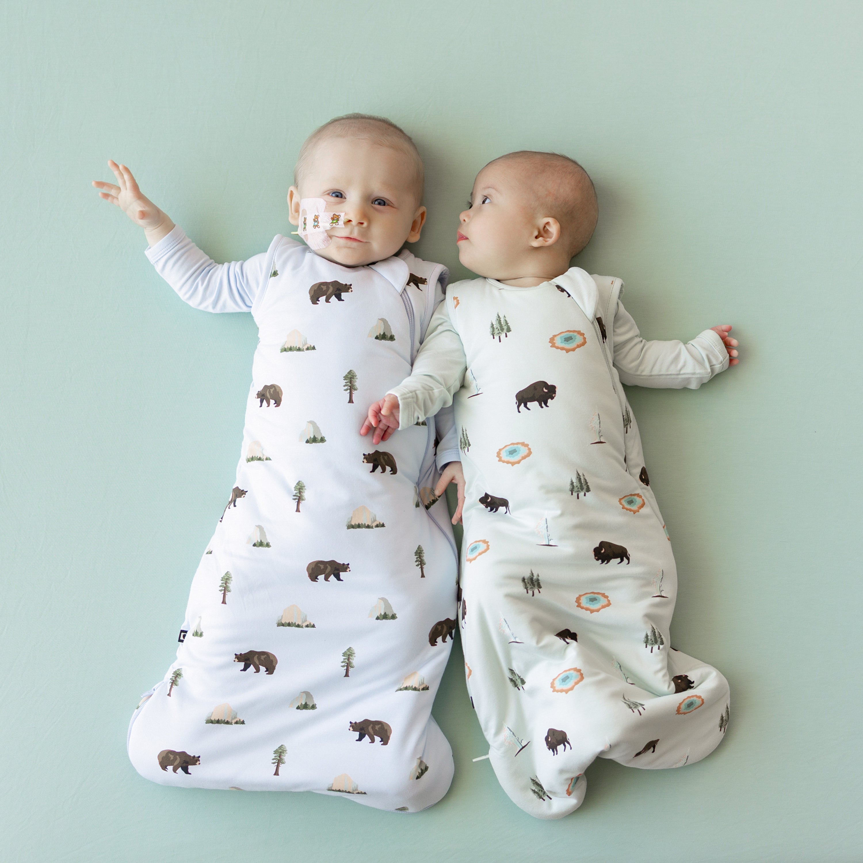 2 babies wearing Sleep Bags in Yosemite and Yellowstone